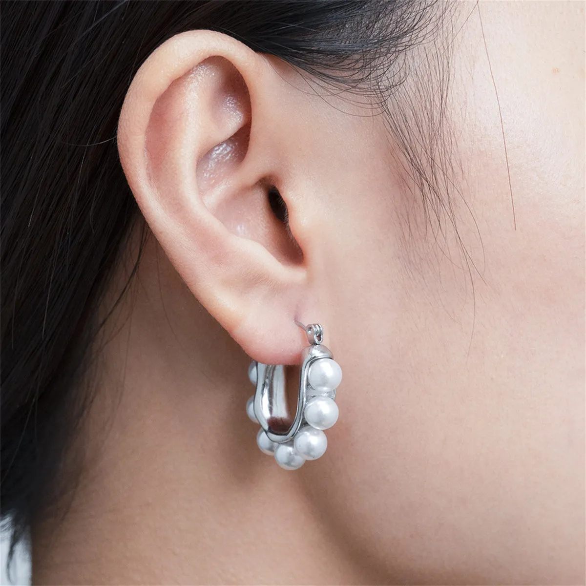 Pearl & Silver-Plated U-Shaped Huggie Earrings