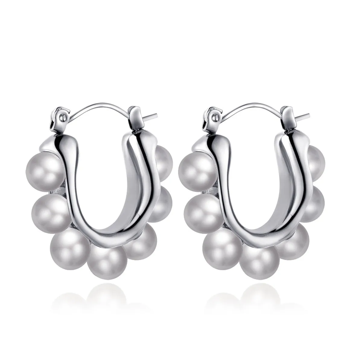 Pearl & Silver-Plated U-Shaped Huggie Earrings