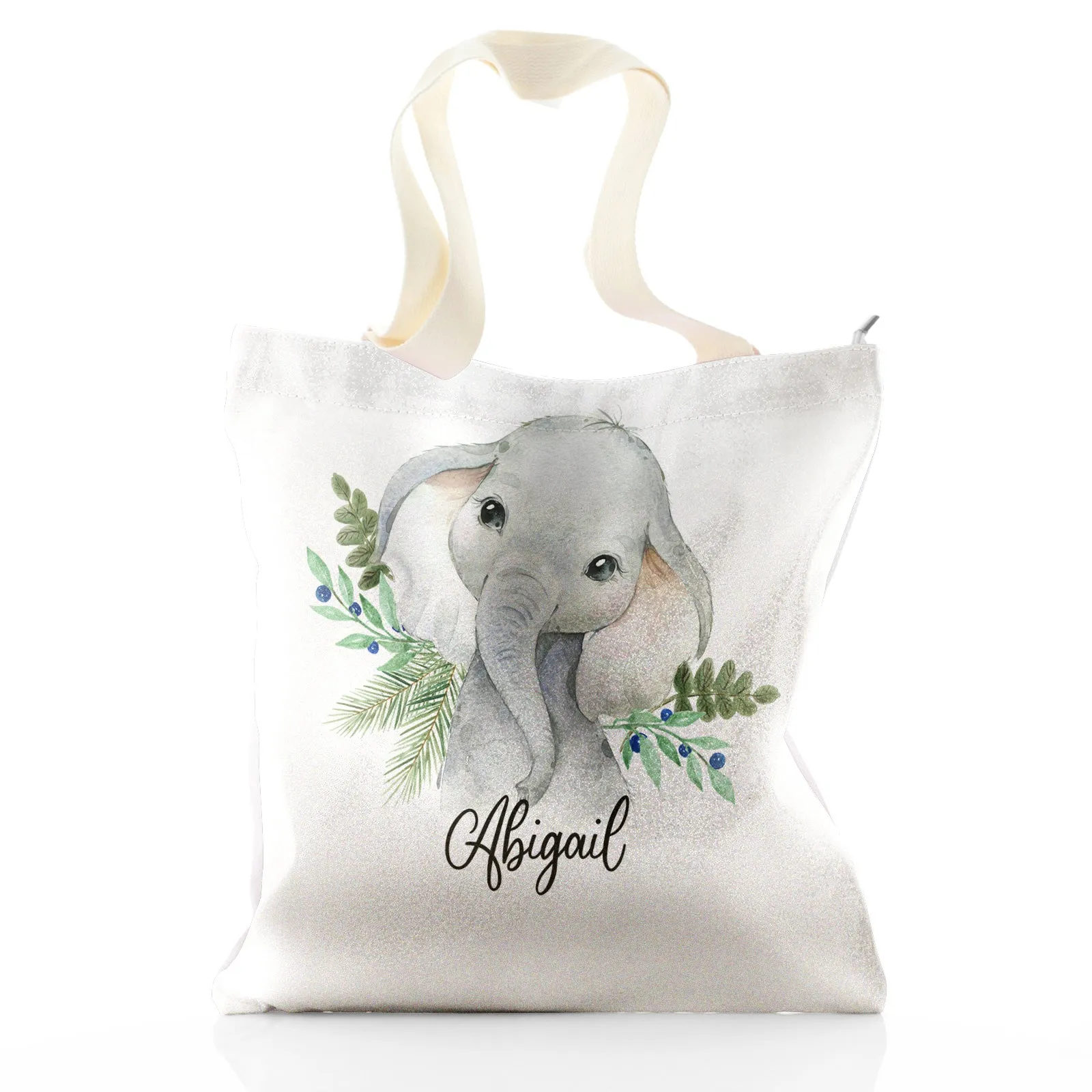 Personalised Glitter Tote Bag with Elephant Blue Berries and Cute Text