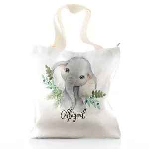 Personalised Glitter Tote Bag with Elephant Blue Berries and Cute Text