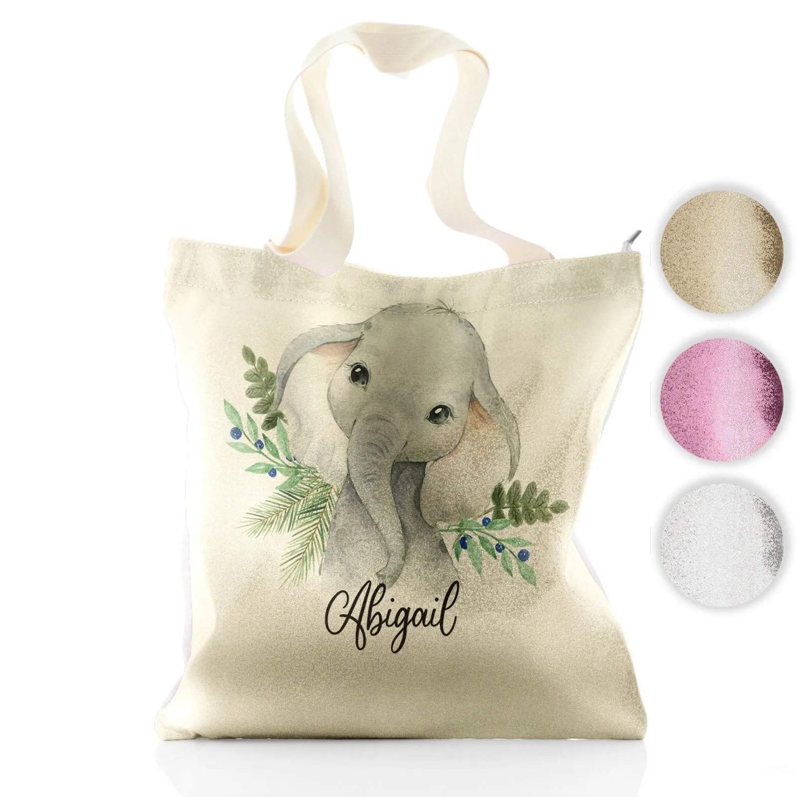 Personalised Glitter Tote Bag with Elephant Blue Berries and Cute Text