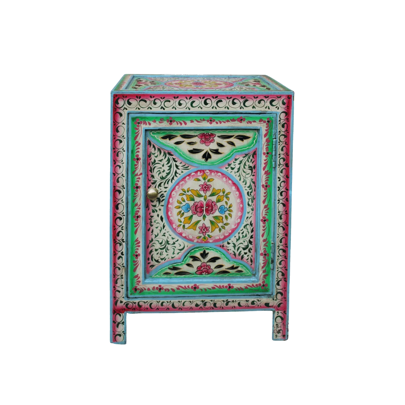 Pink Floral Hand Painted Wooden Cabinet Nightstand
