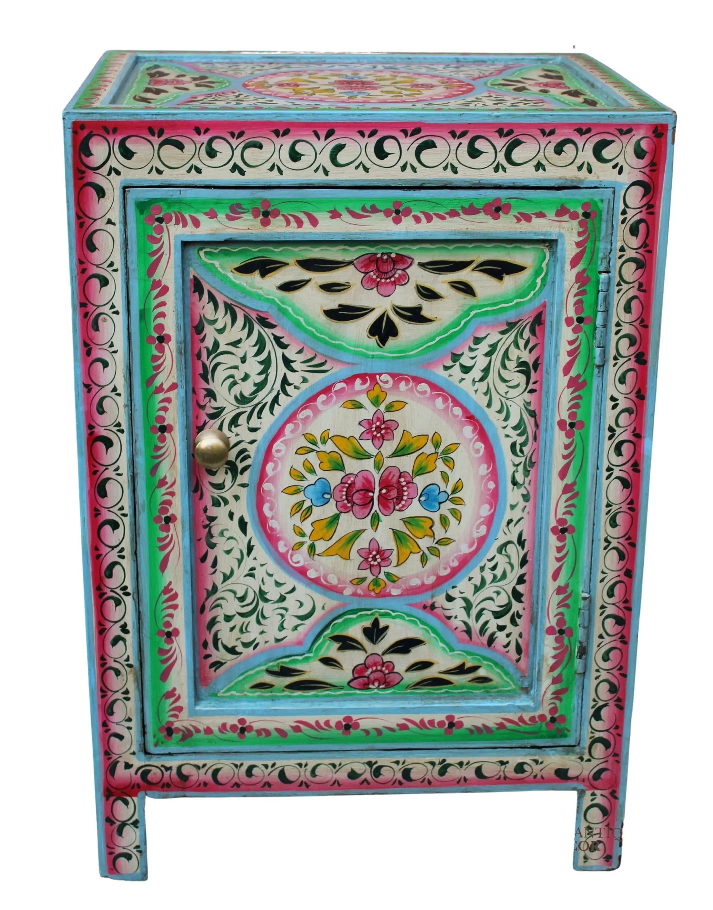 Pink Floral Hand Painted Wooden Cabinet Nightstand