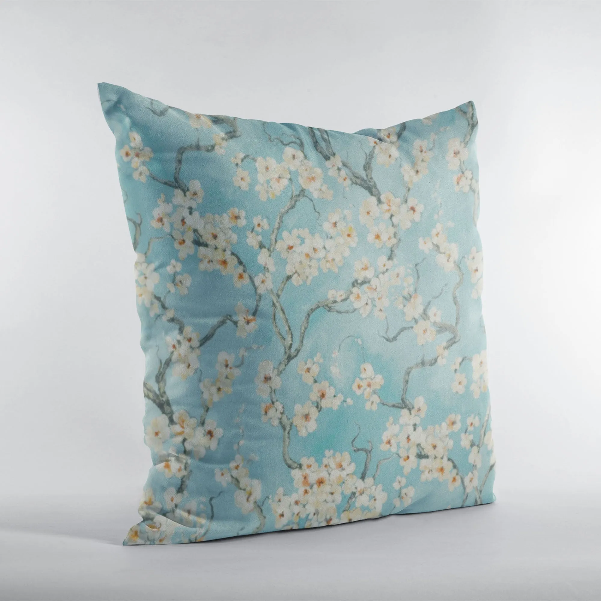 Plutus Azure Garden Cherry Blossoms Printed On A Linen Looking Polyester. Luxury Throw Pillow