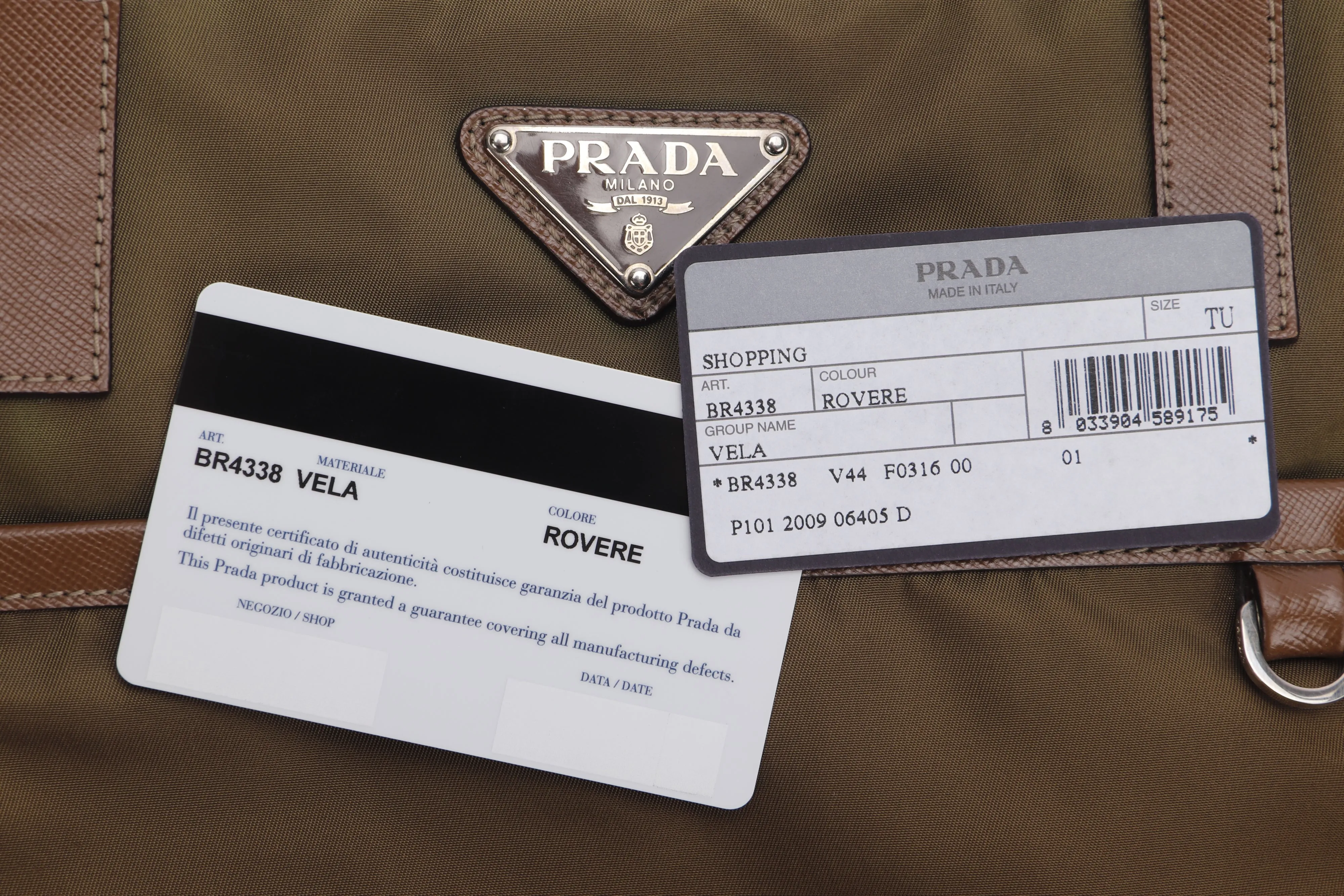 PRADA BR4338 BROWN NYLON TOTE BAG, WITH ZIPPER, CARD & DUST COVER