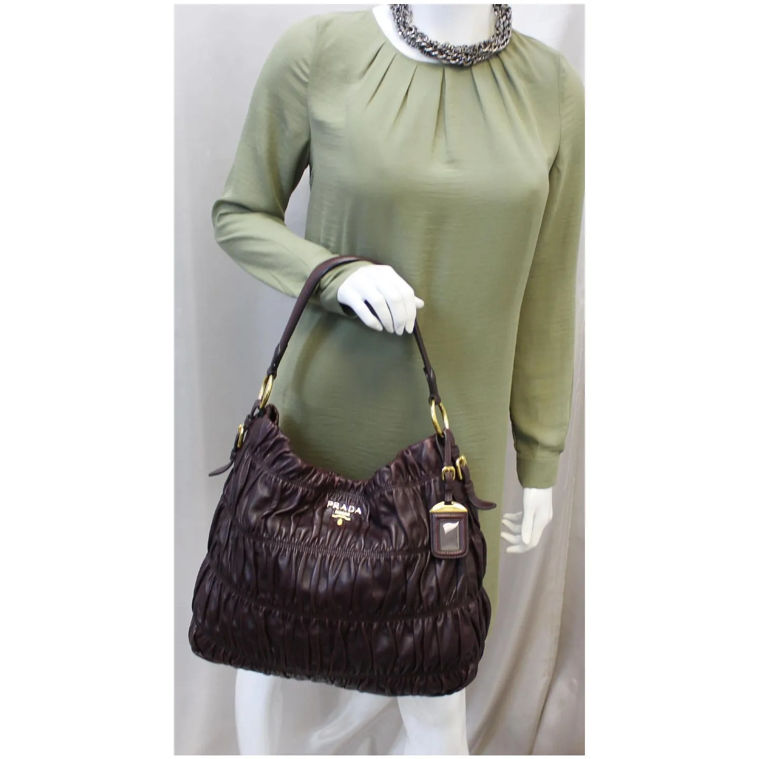 PRADA Gaufre Nappa Leather Hobo Bag Brown