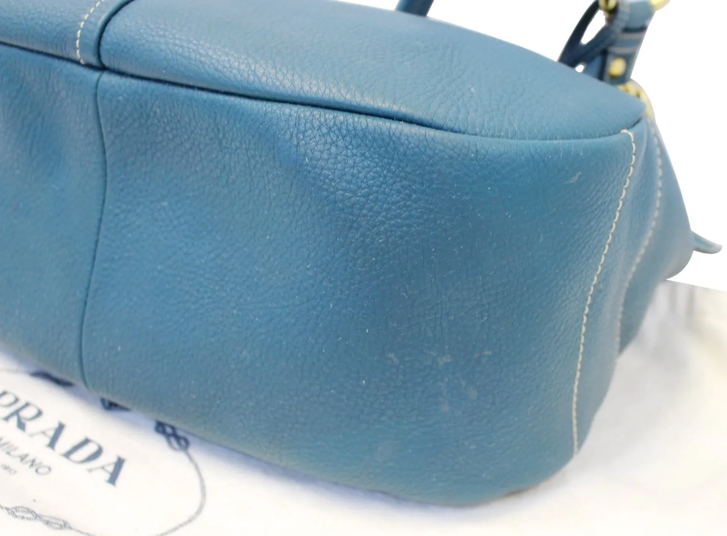 PRADA Sughero Vitello Daino Leather Zip Top Hobo Bag Blue