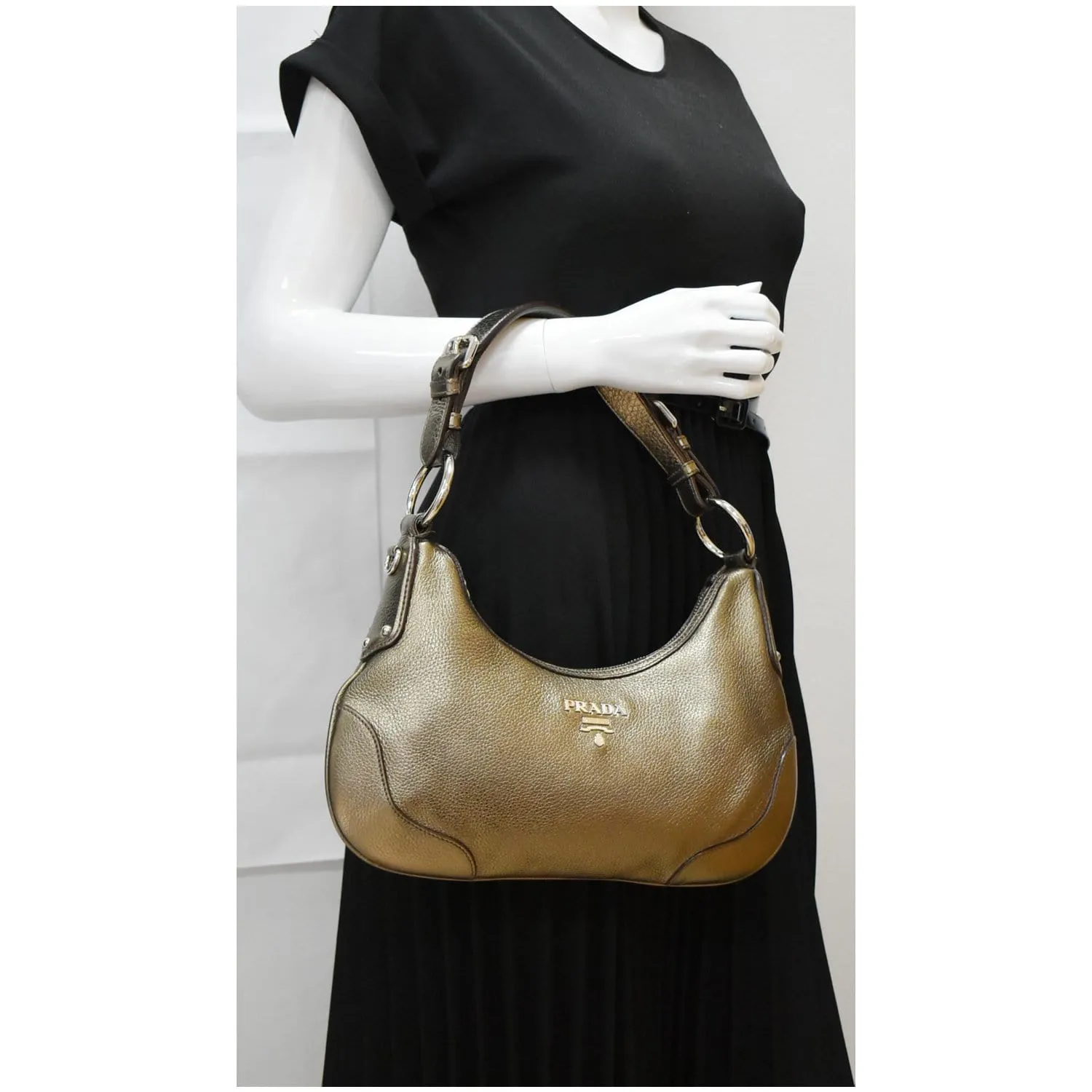 PRADA Vitello Daino Leather Hobo Bag Metallic Gold - 10% OFF