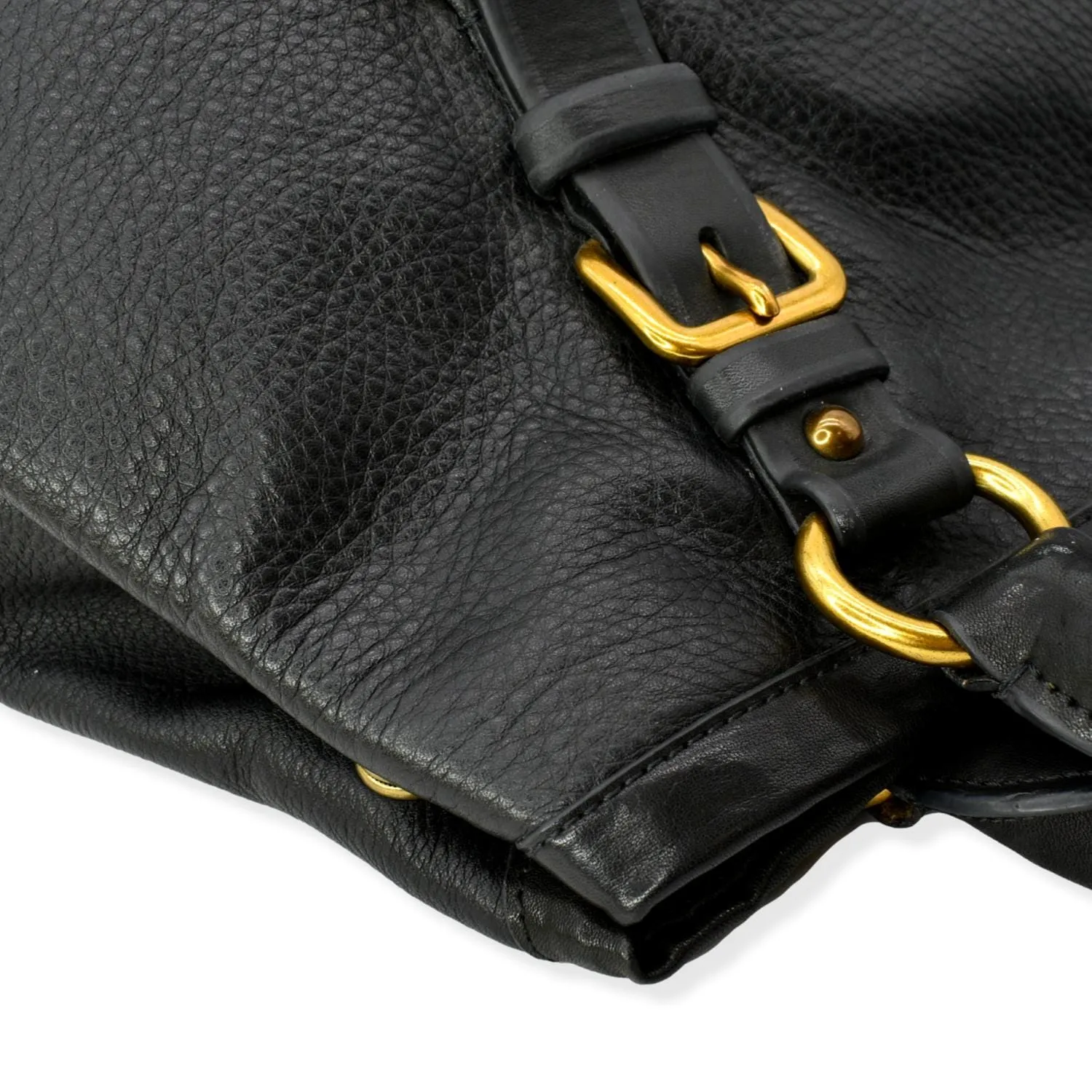 PRADA Vitello Daino Logo Embossed Leather Hobo Bag Black