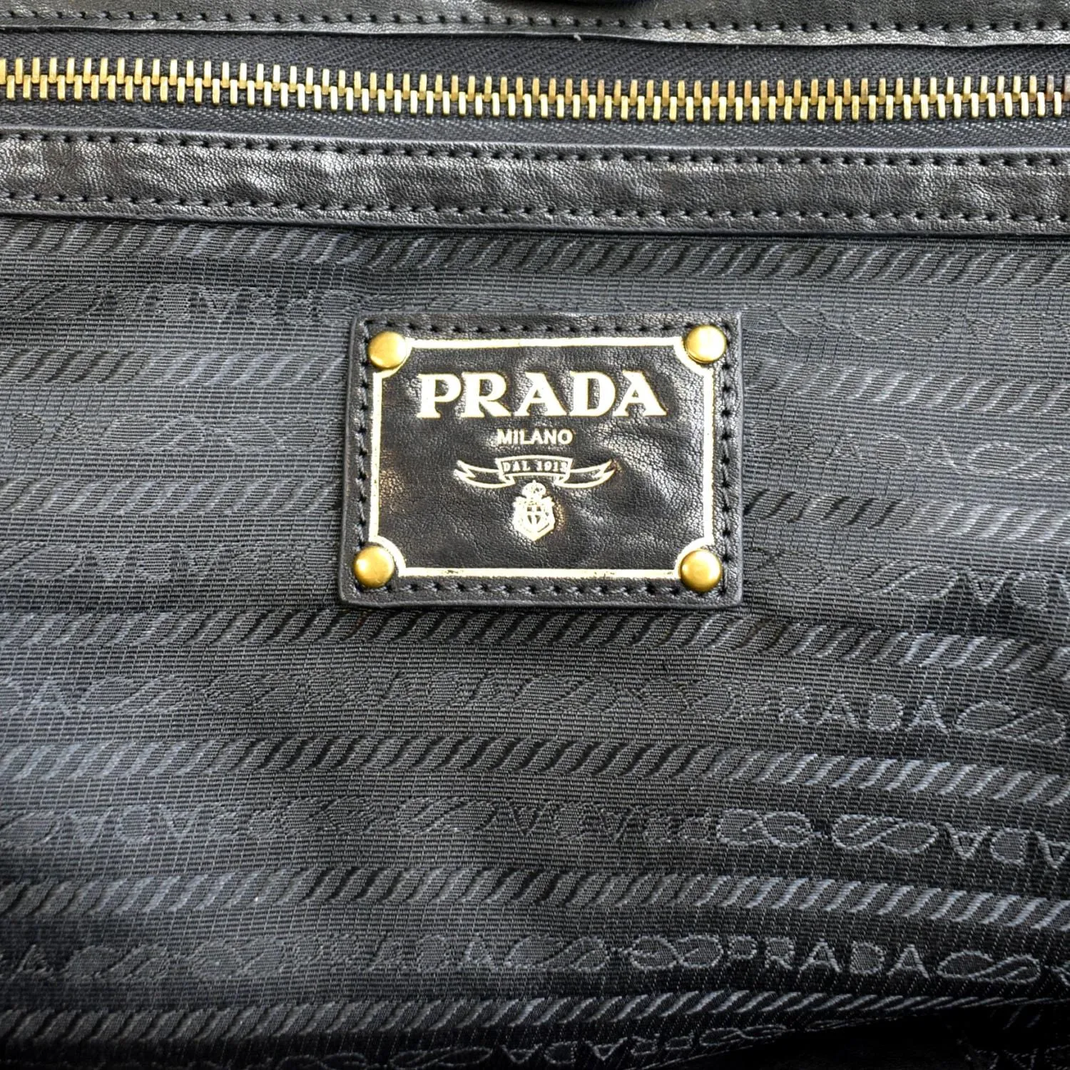 PRADA Vitello Daino Logo Embossed Leather Hobo Bag Black