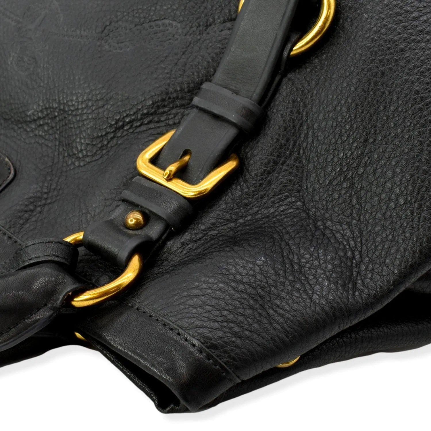 PRADA Vitello Daino Logo Embossed Leather Hobo Bag Black