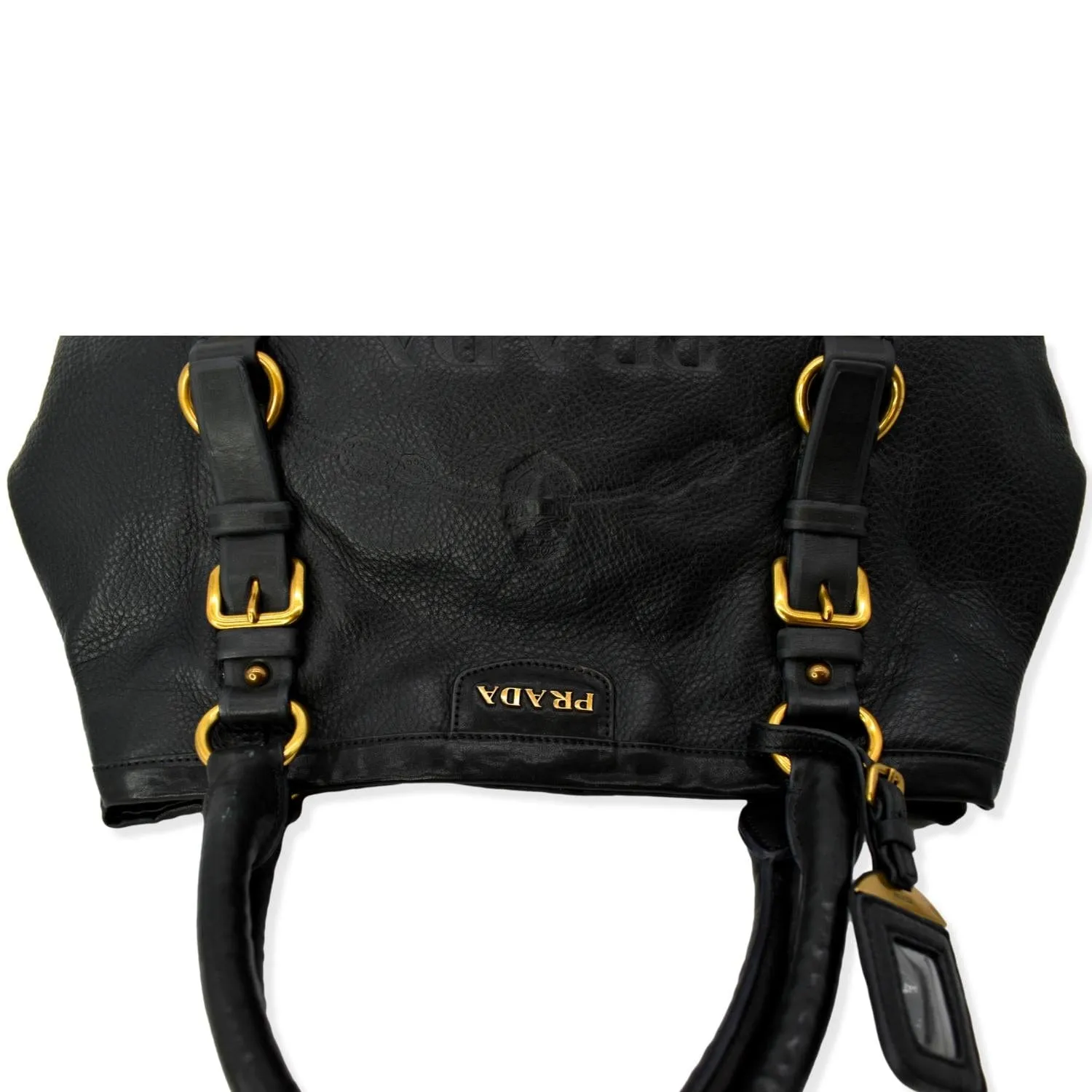 PRADA Vitello Daino Logo Embossed Leather Hobo Bag Black