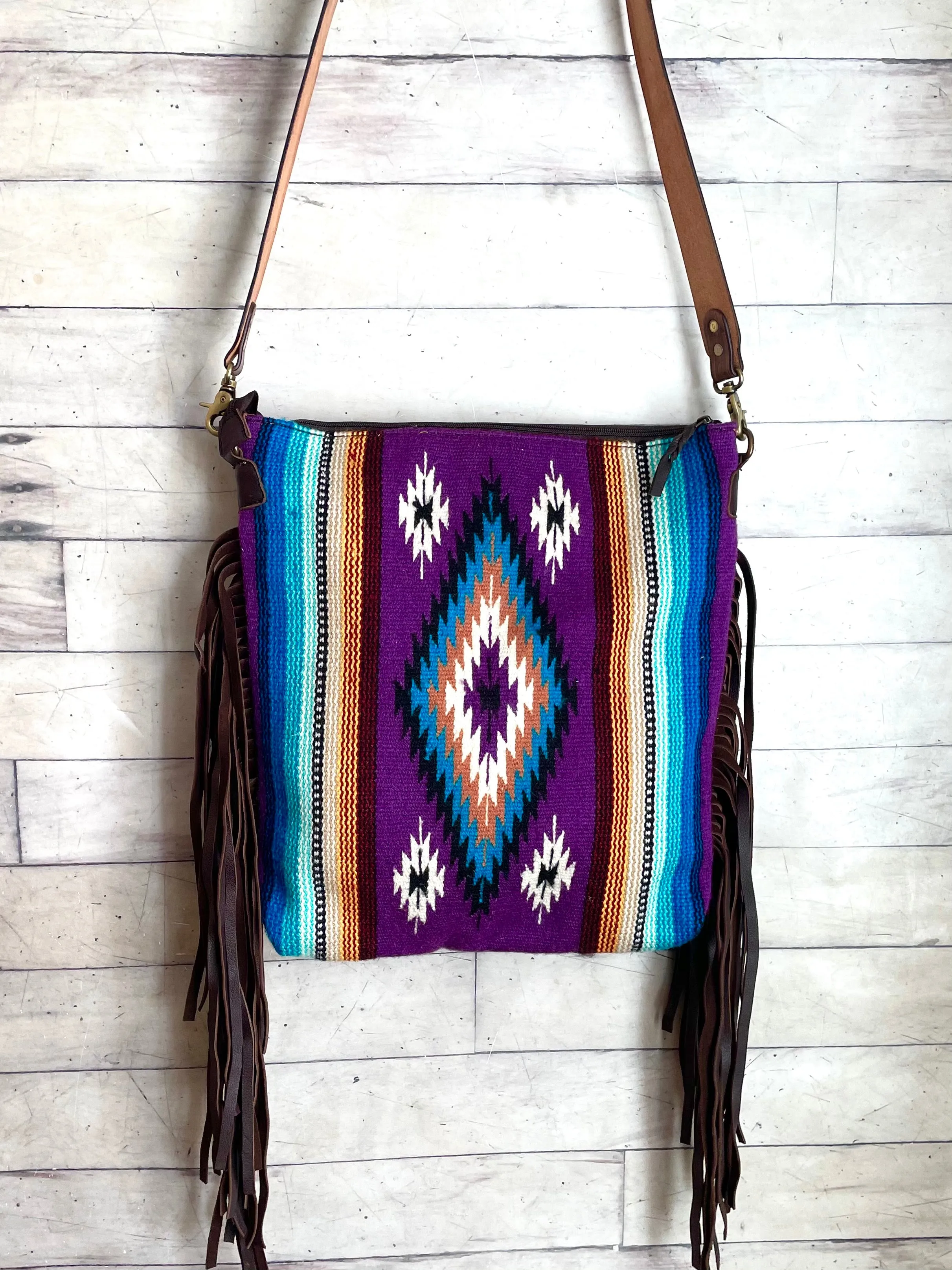Purple Teal Wool Diamond Pattern Fringe Handbag