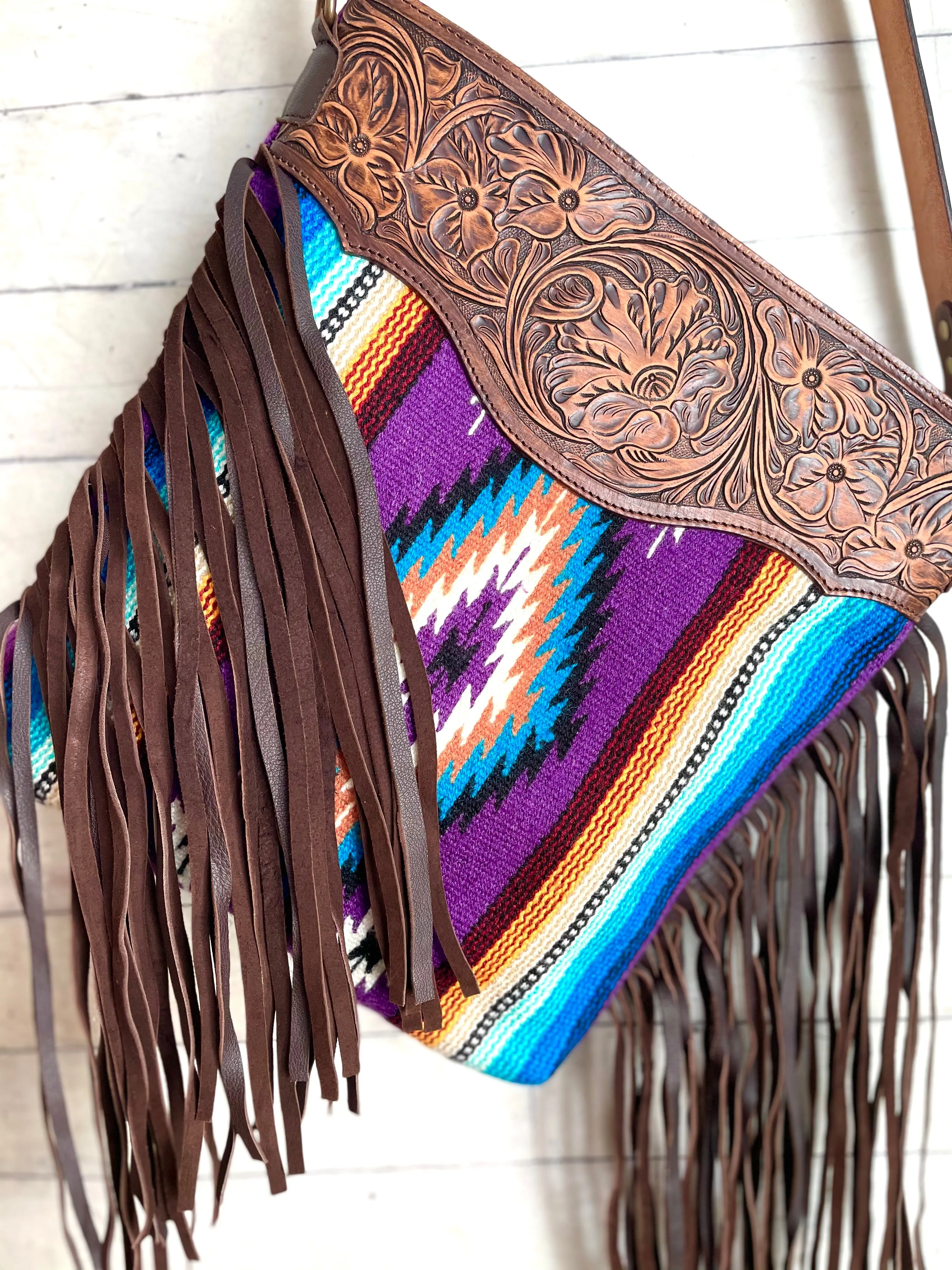 Purple Teal Wool Diamond Pattern Fringe Handbag