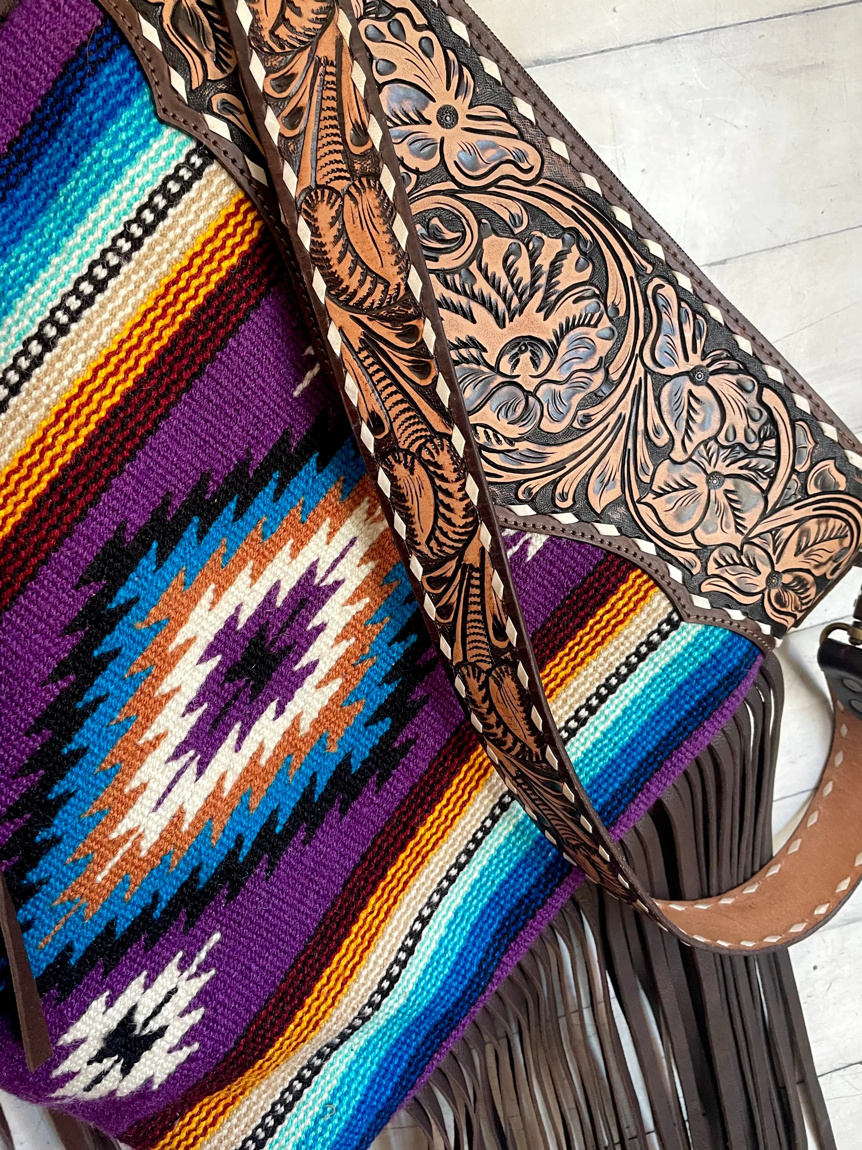 Purple Teal Wool Diamond Pattern Fringe Handbag