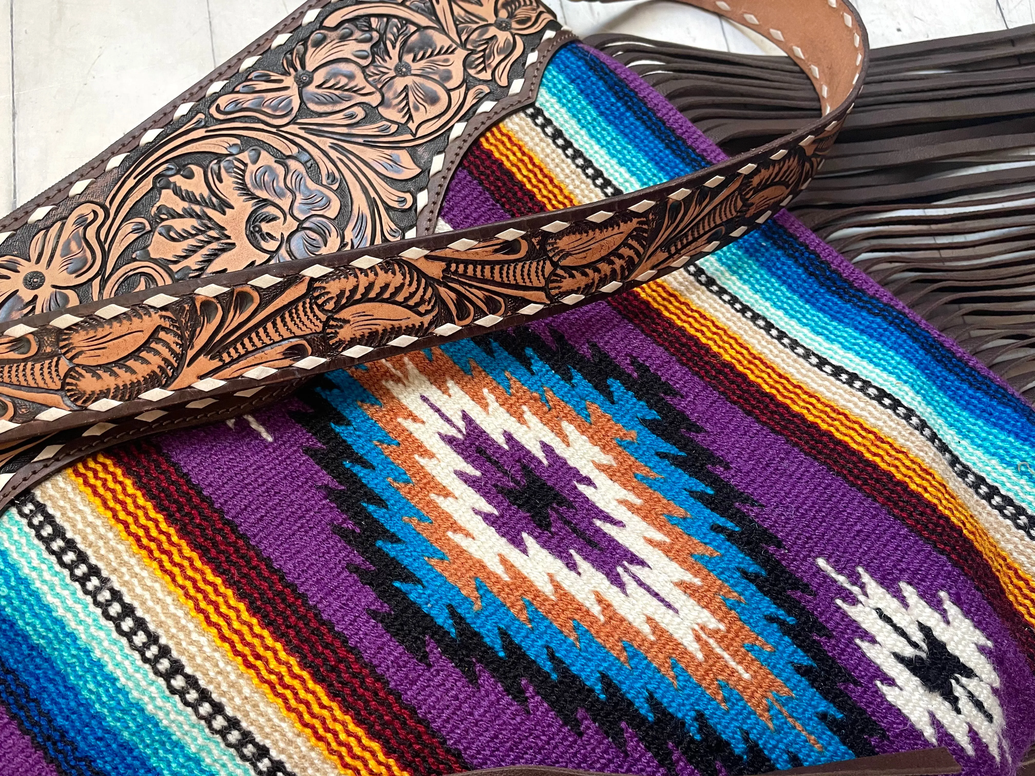 Purple Teal Wool Diamond Pattern Fringe Handbag