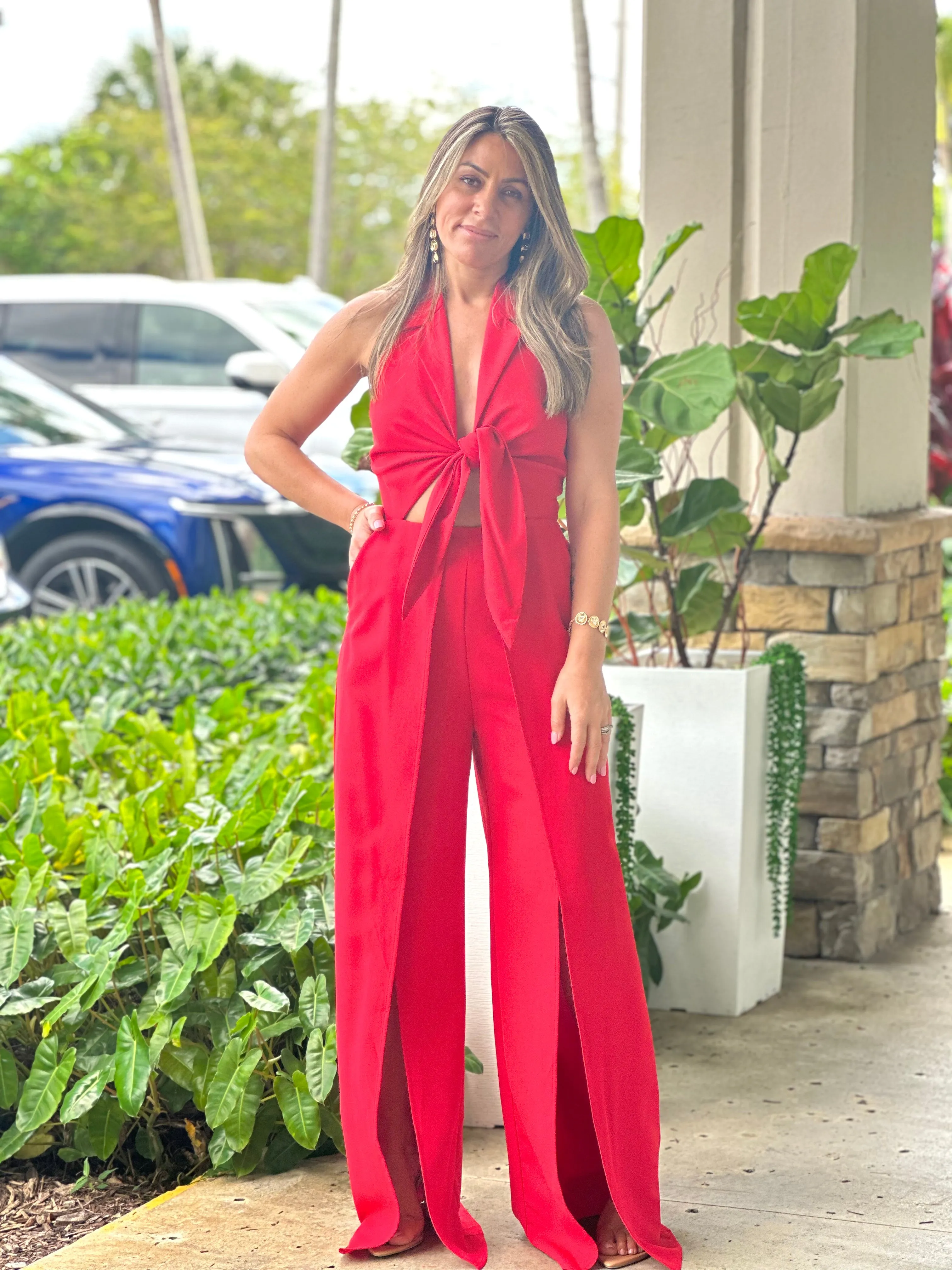 "Hanna" Halter Tie Front Split Jumpsuit