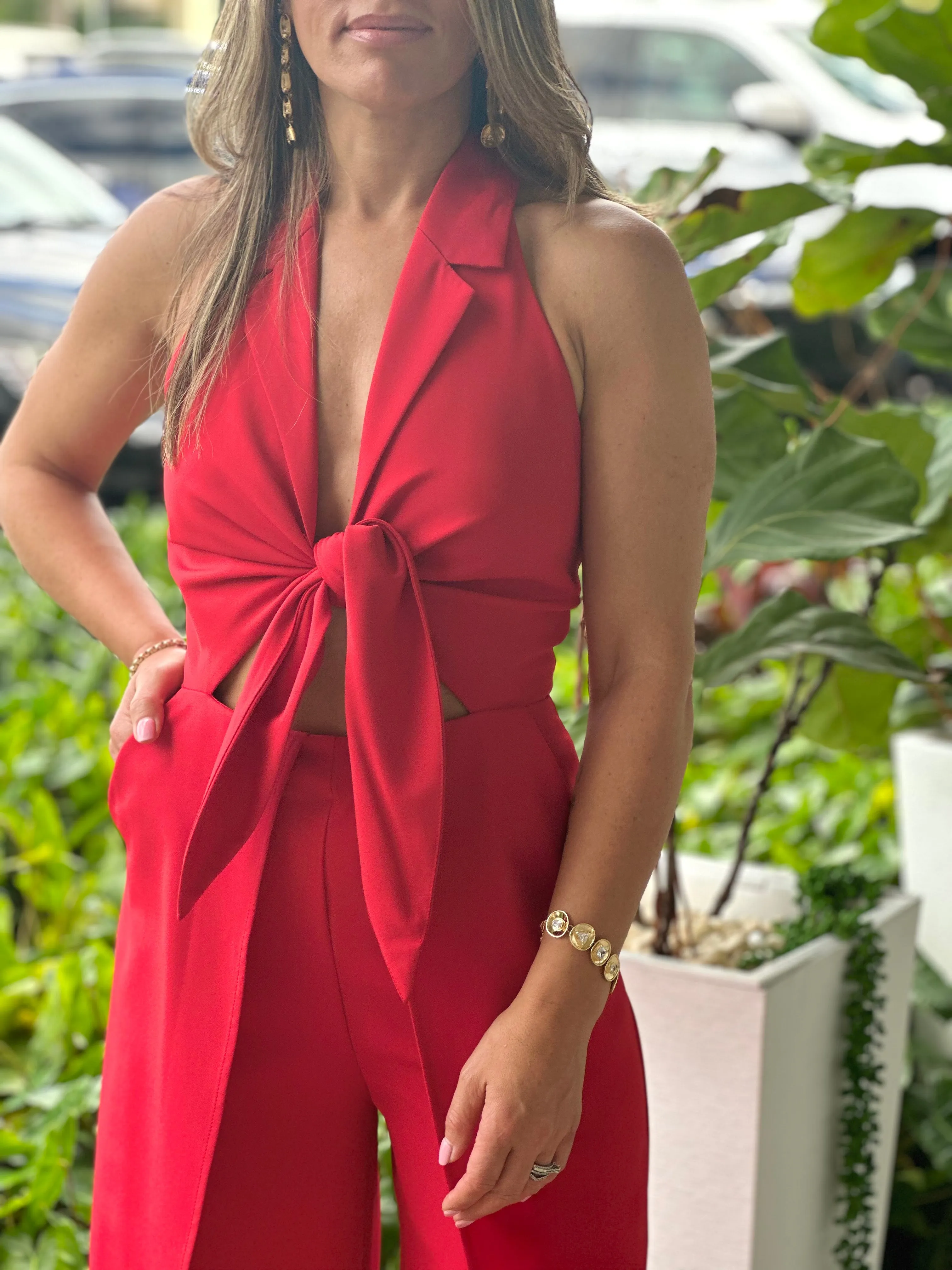 "Hanna" Halter Tie Front Split Jumpsuit