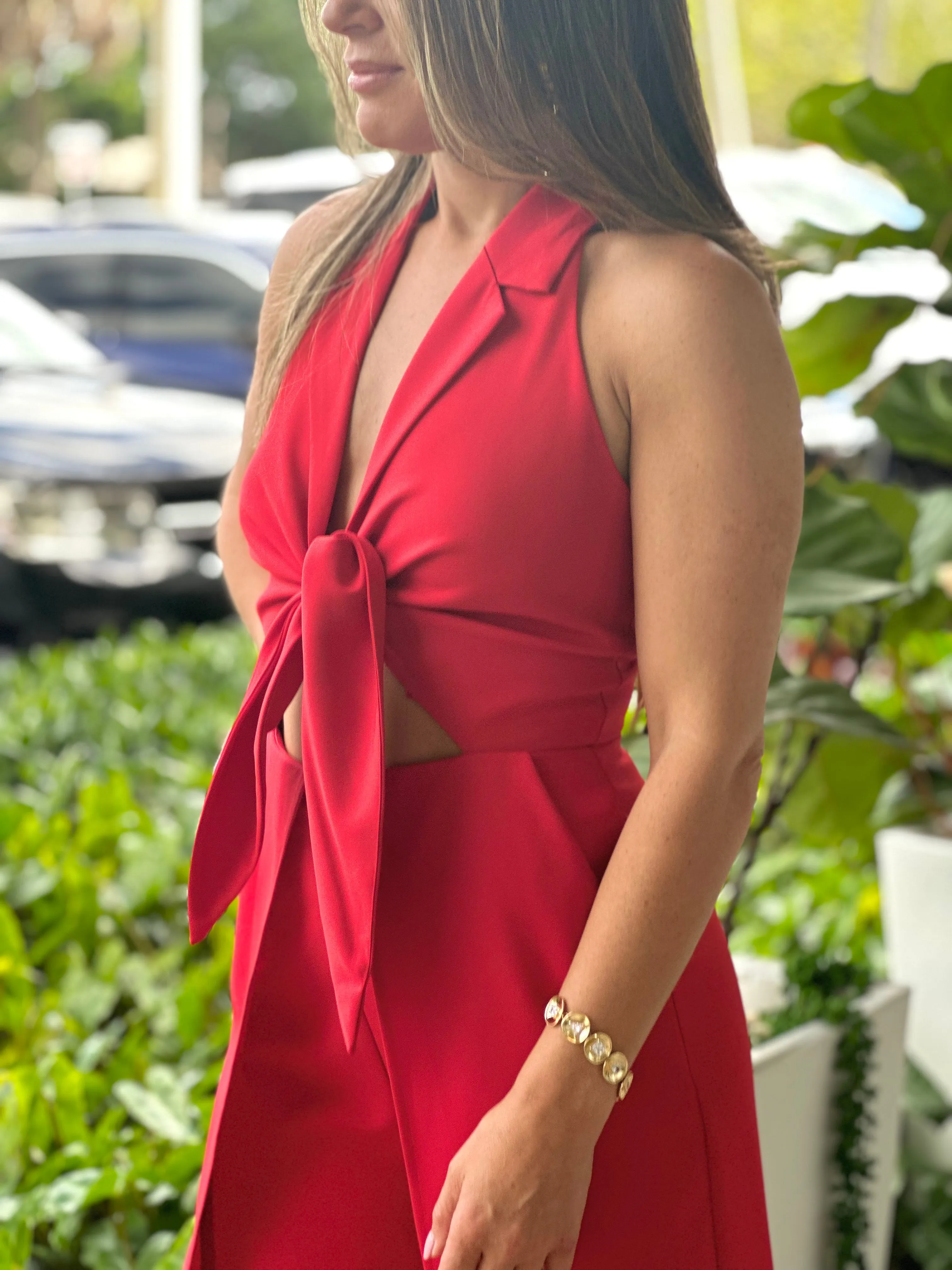 "Hanna" Halter Tie Front Split Jumpsuit