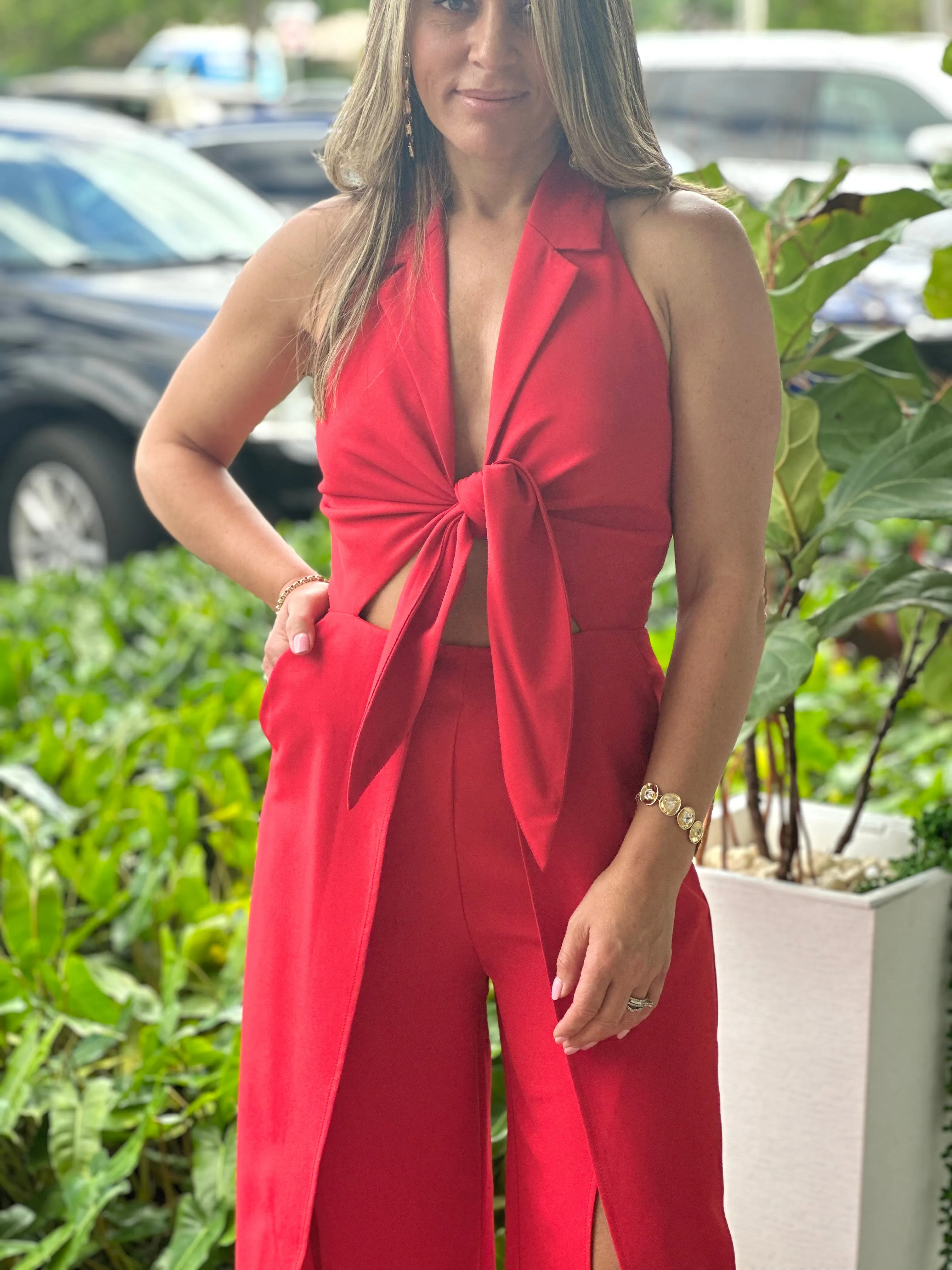 "Hanna" Halter Tie Front Split Jumpsuit