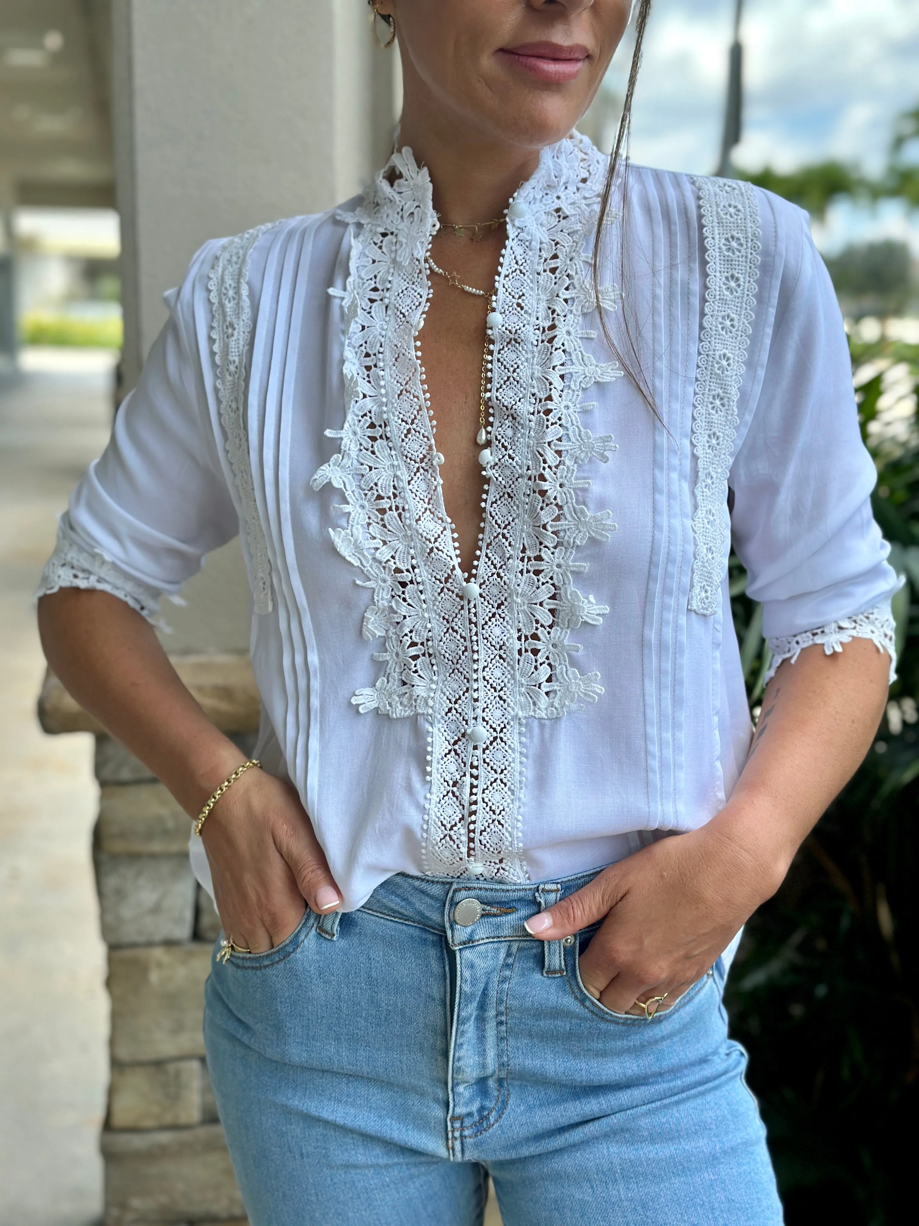 "Patty" Lace Trim Detail Blouse Top