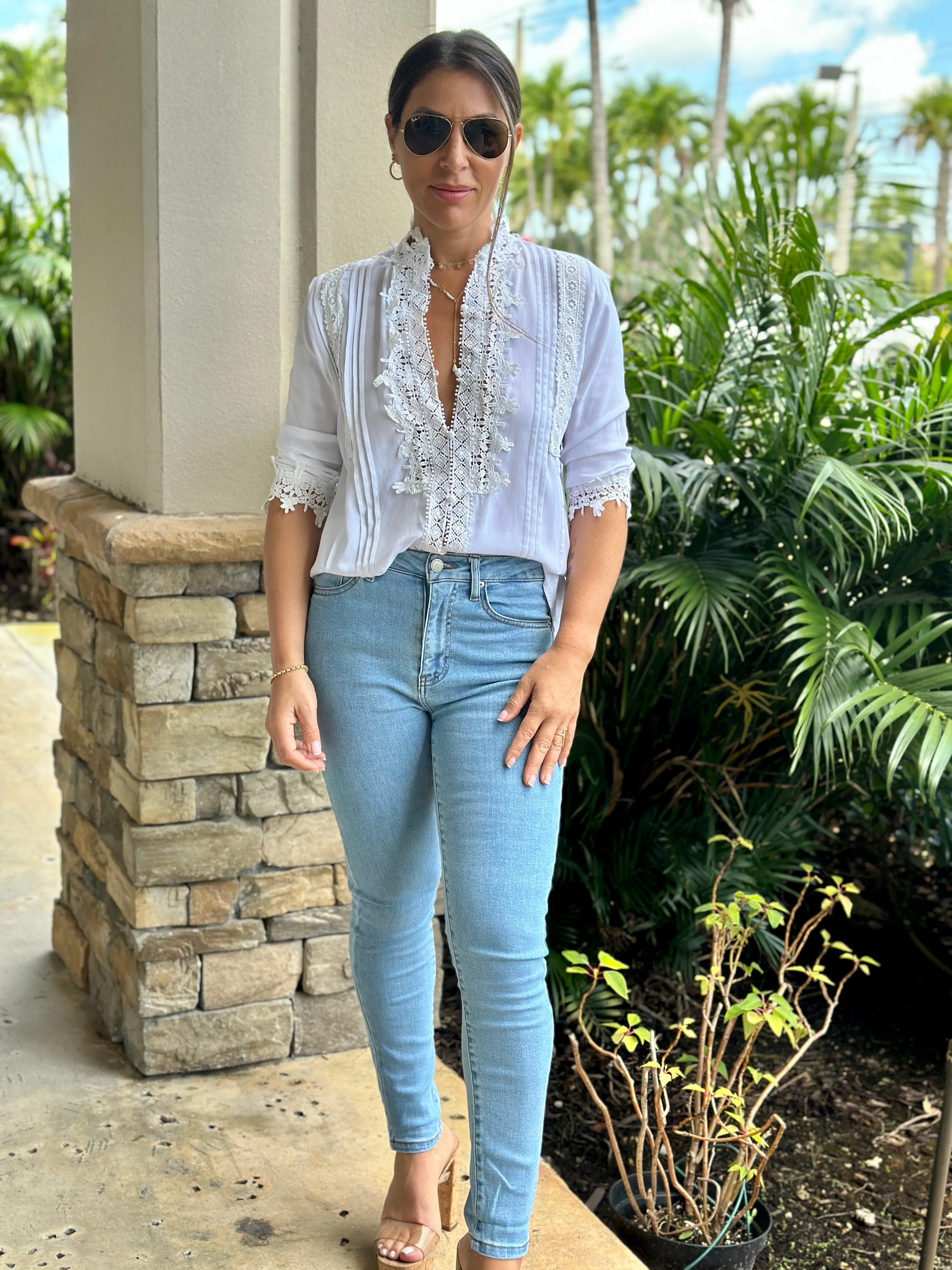 "Patty" Lace Trim Detail Blouse Top