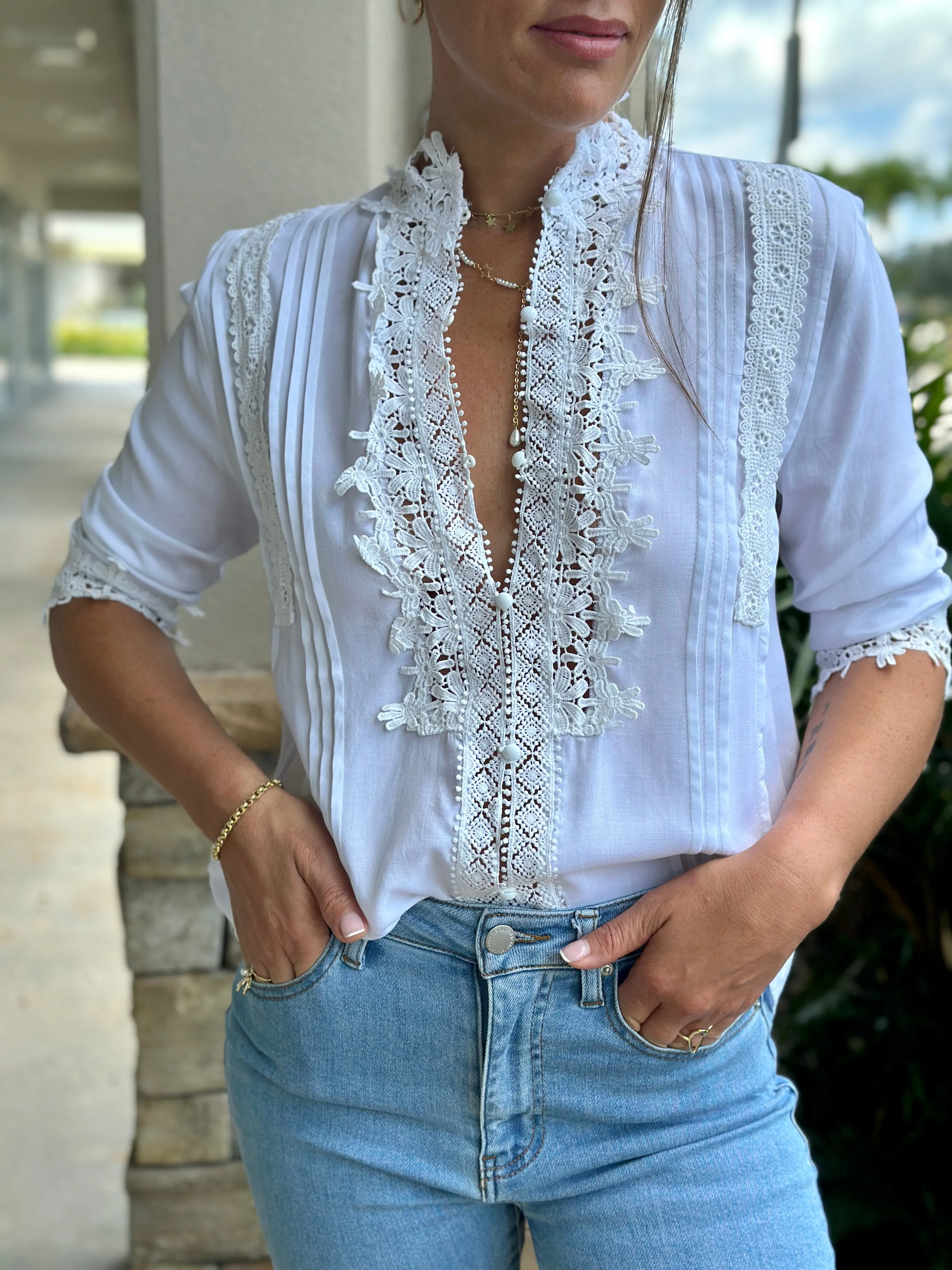 "Patty" Lace Trim Detail Blouse Top