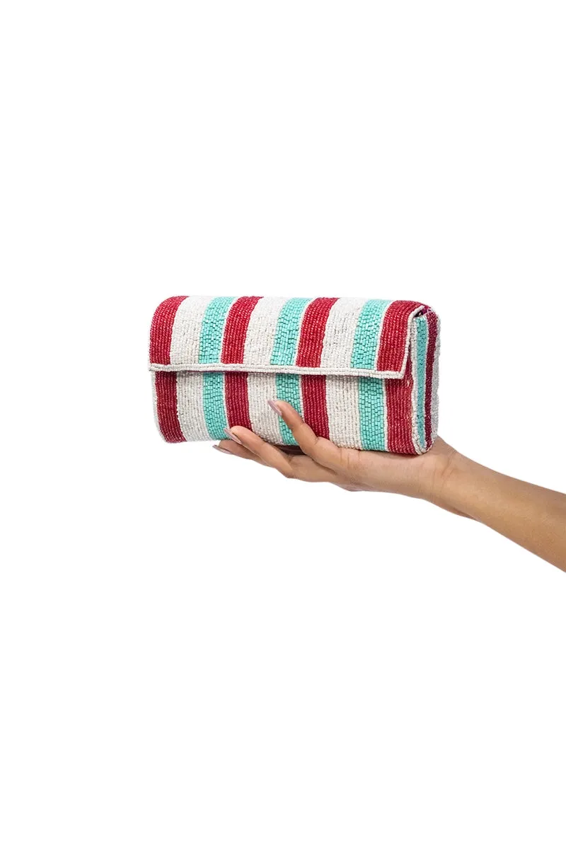 Red and Teal Beaded Crossbody Clutch