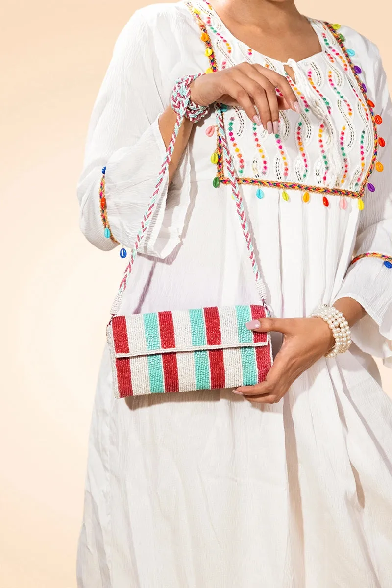 Red and Teal Beaded Crossbody Clutch