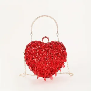 Red Mini Heart Satchel Bag, Tassel Decor Sequins Top Handle Evening Bag, Women's Elegant Wedding Prom Wallet