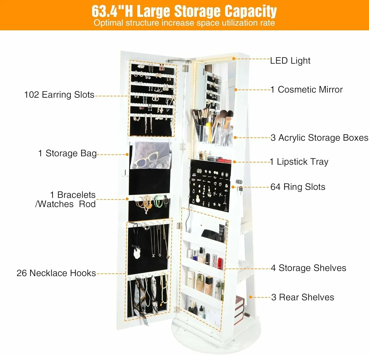 REDCAMP 360° Swivel Jewelry Cabinet with LED Lights