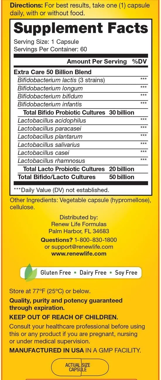Renew Life Extra Care Ultimate Flora Probiotic 50 Billion Go Pack, 60 CT