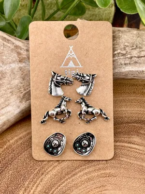 Reno Horse Themed Stud Earring Set - 3 pairs