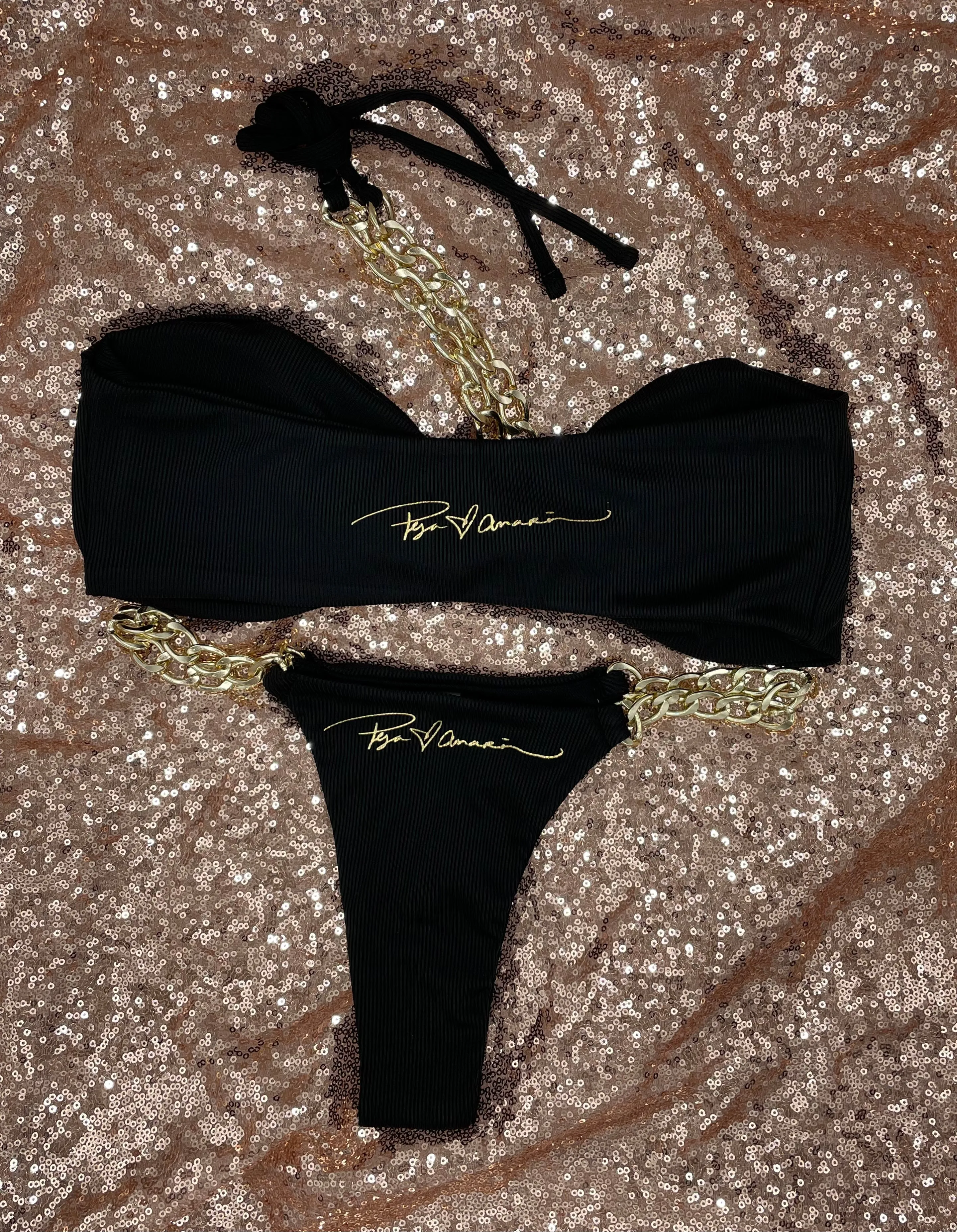 Rich & Elegant- Black 2 Piece Gold Chain Swimsuit
