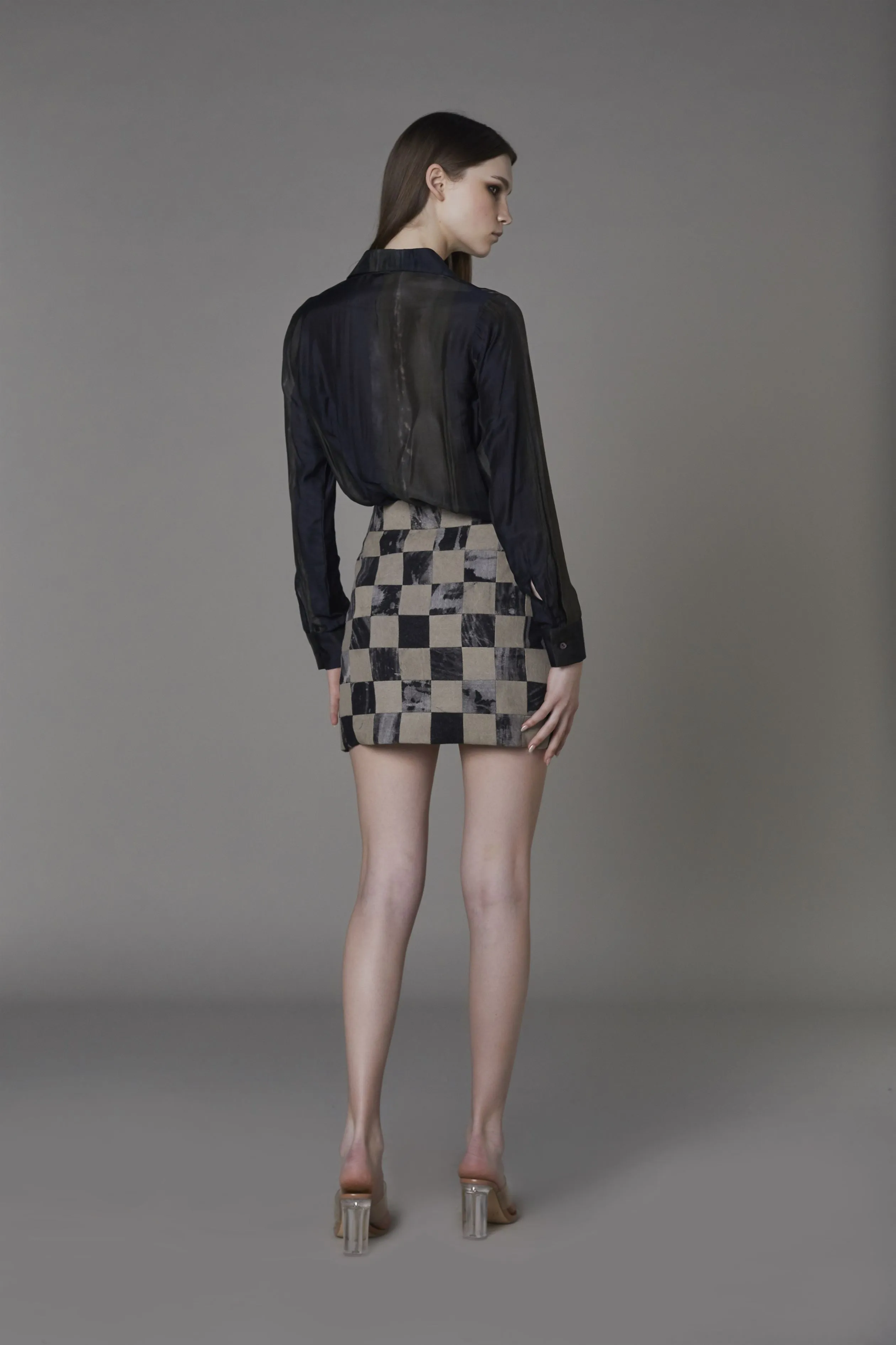 Saaksha & KinniÂ    I   Olive black stripe shirt  Marble checkered skirt Shirt - Cotton Silk  Skirt - Drill Shirt - Olive Black  Skirt - Grey / Black / Stone   SS22064    SS22065