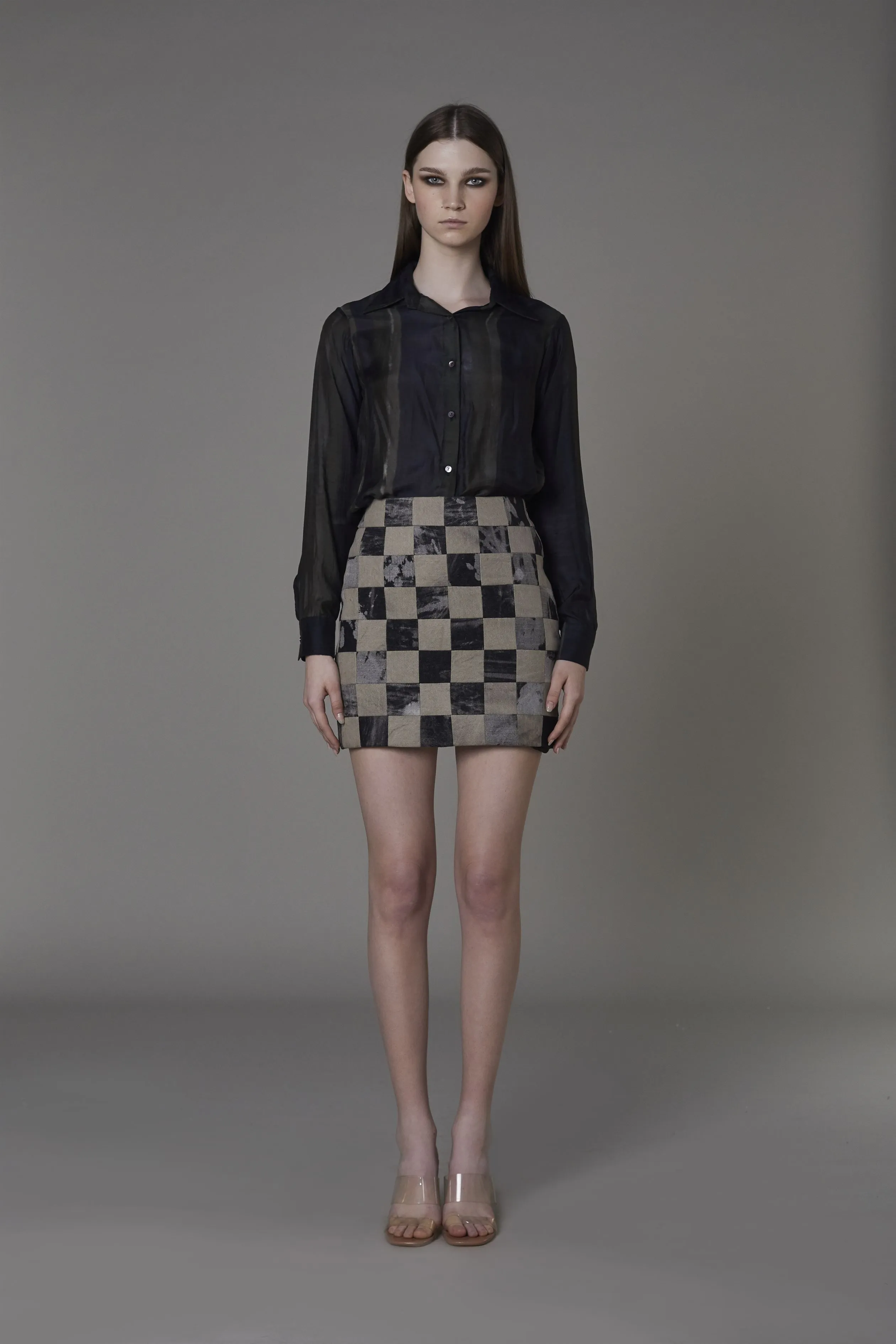 Saaksha & KinniÂ    I   Olive black stripe shirt  Marble checkered skirt Shirt - Cotton Silk  Skirt - Drill Shirt - Olive Black  Skirt - Grey / Black / Stone   SS22064    SS22065