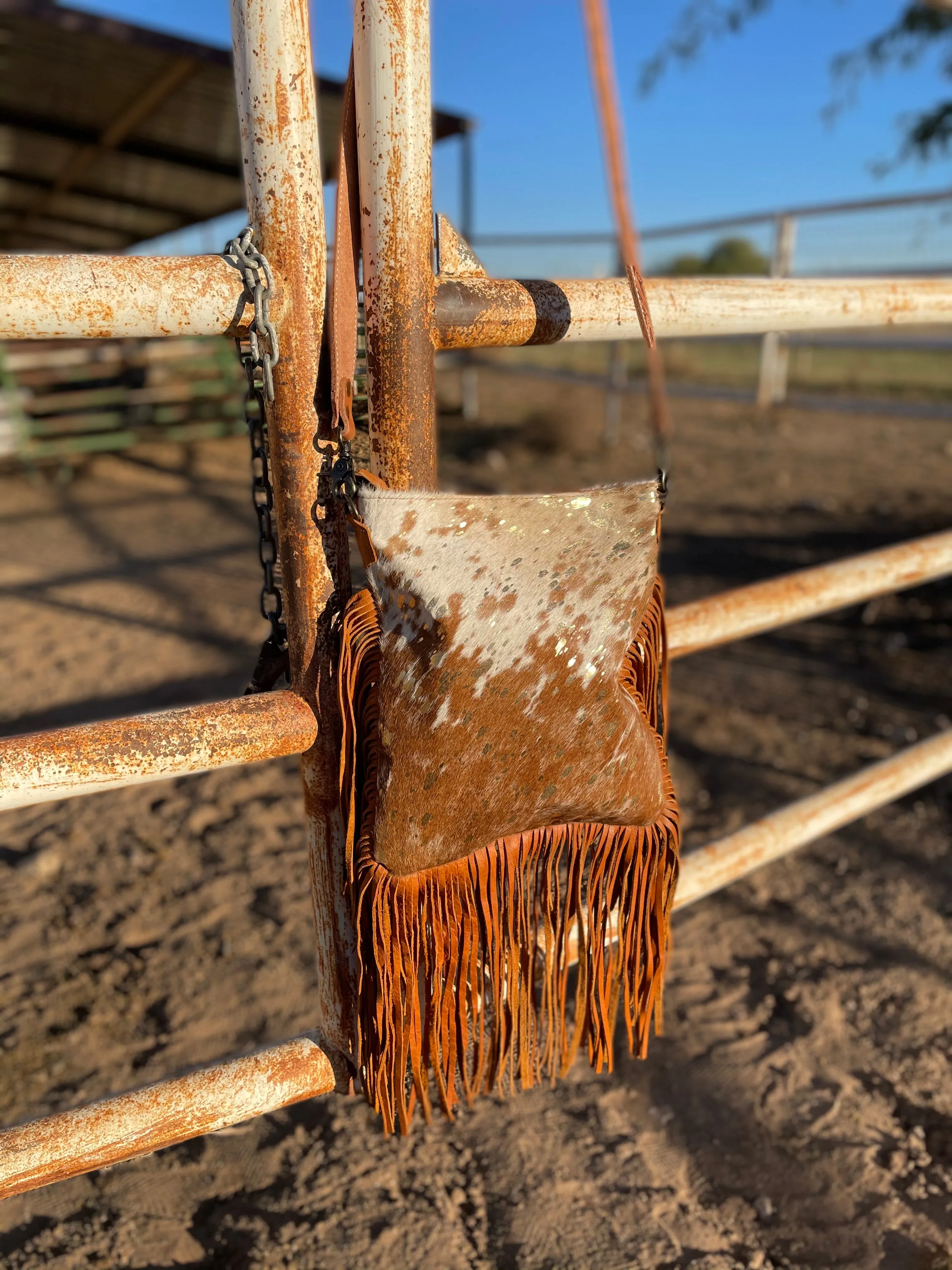 SALE! Tan Cowhide Crossbody Bag with Gold Splatter & Tan Fringe