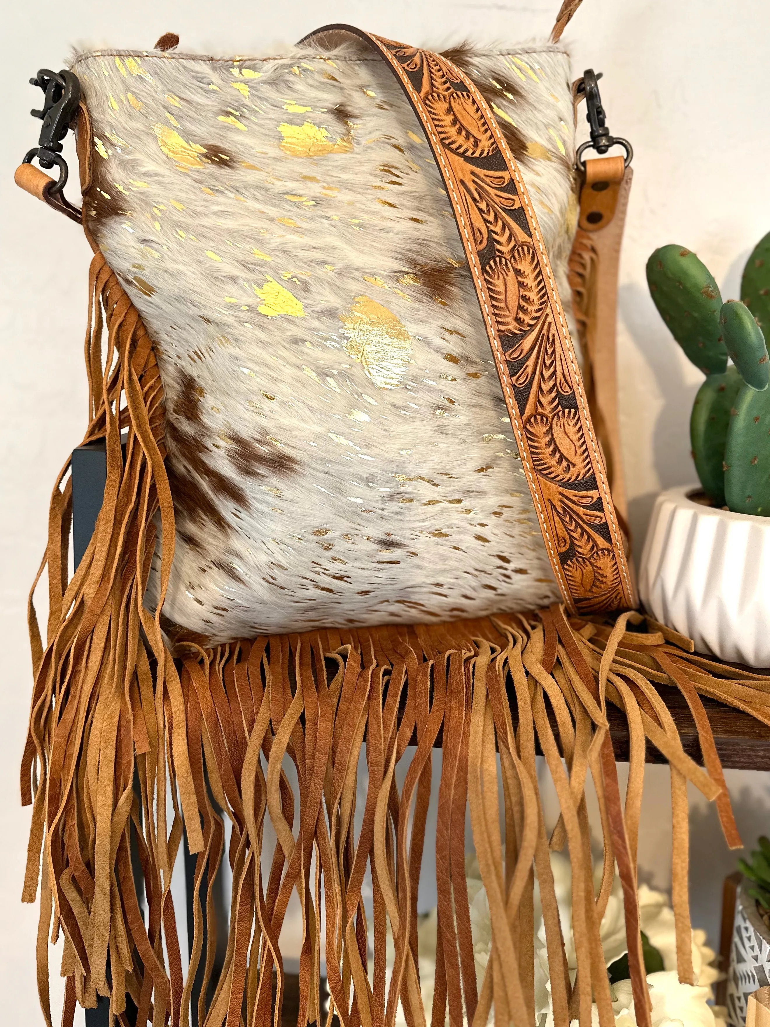 SALE! Tan Cowhide Crossbody Bag with Gold Splatter & Tan Fringe