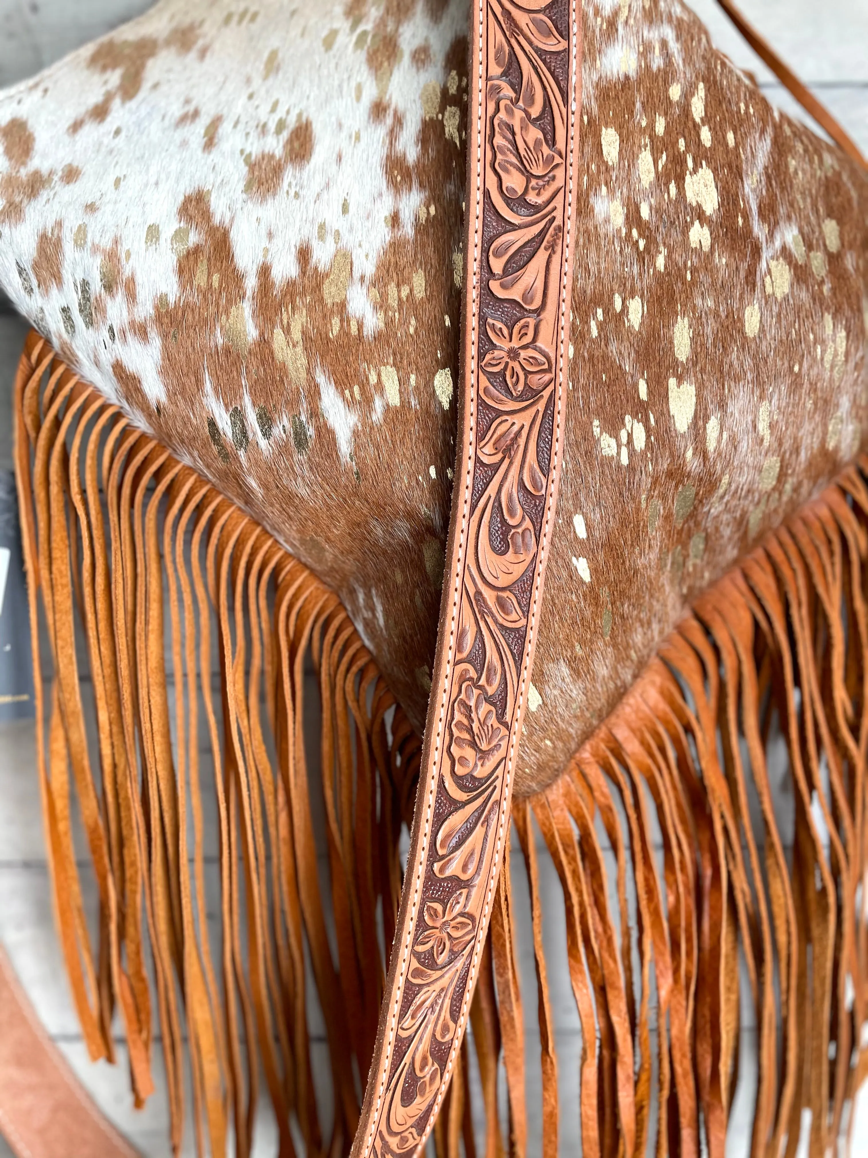 SALE! Tan Cowhide Crossbody Bag with Gold Splatter & Tan Fringe