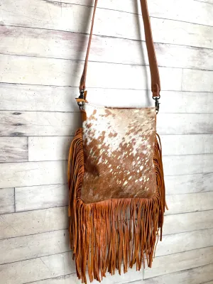 SALE! Tan Cowhide Crossbody Bag with Gold Splatter & Tan Fringe