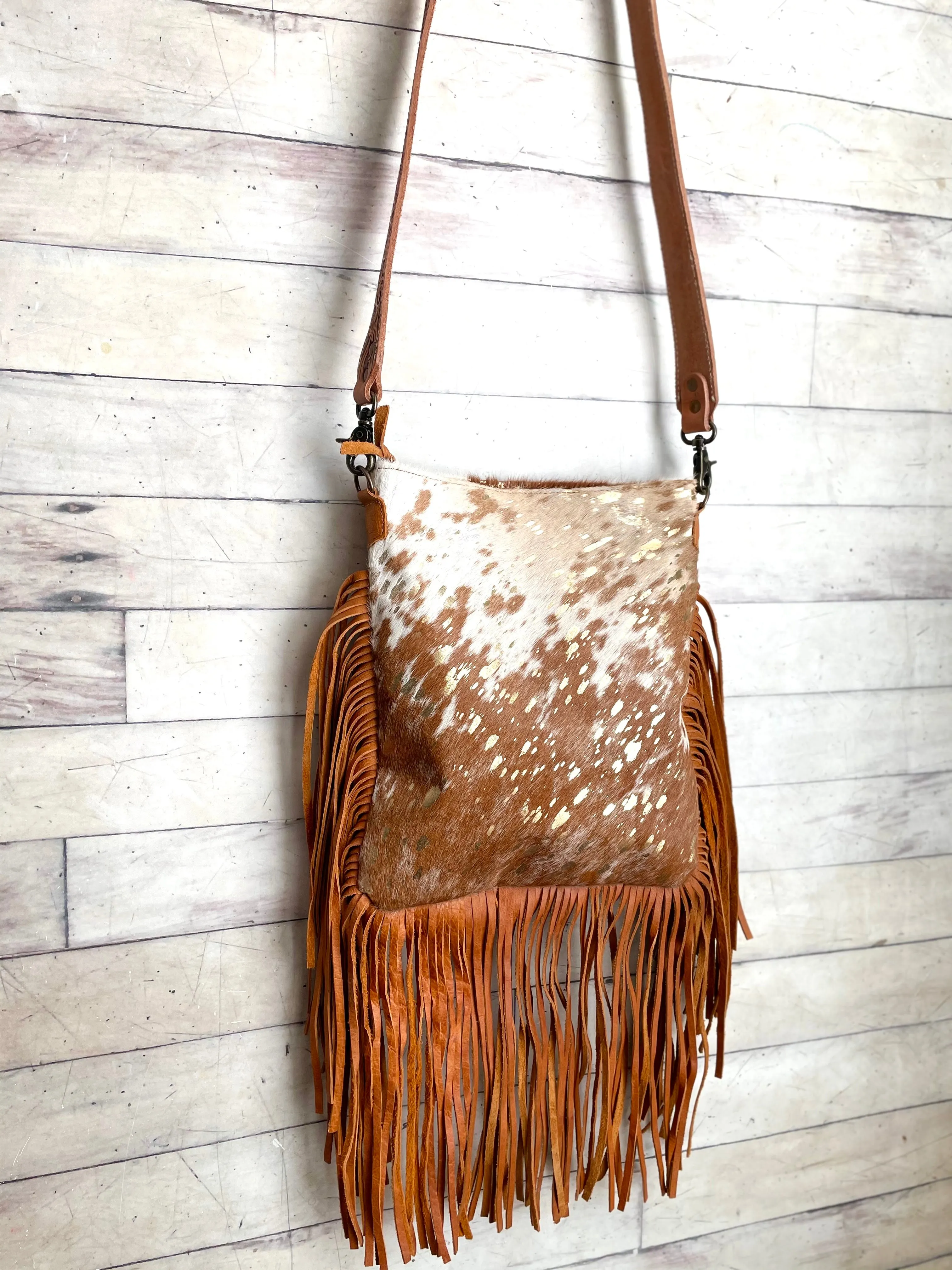 SALE! Tan Cowhide Crossbody Bag with Gold Splatter & Tan Fringe