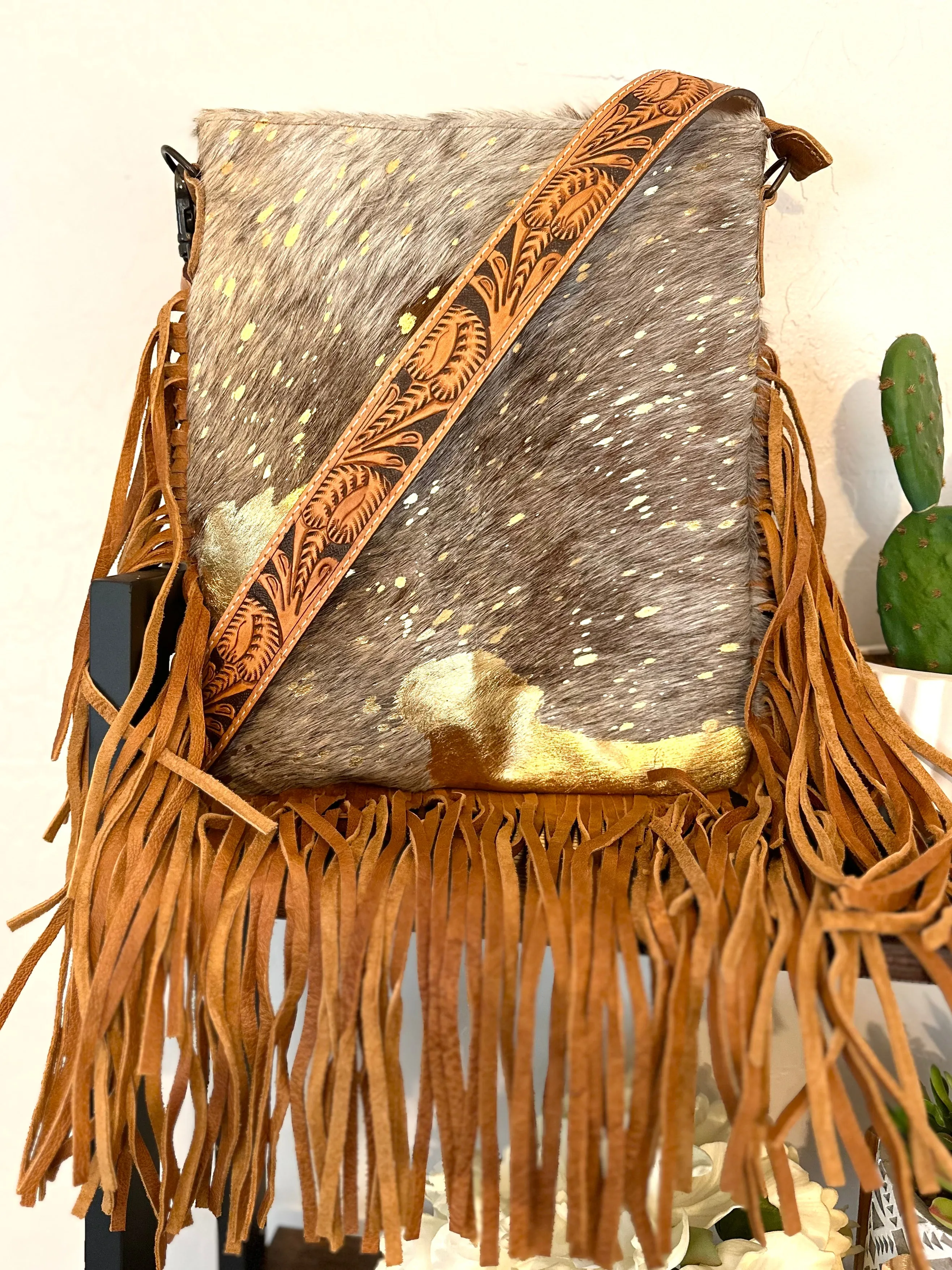 SALE! Tan Cowhide Crossbody Bag with Gold Splatter & Tan Fringe