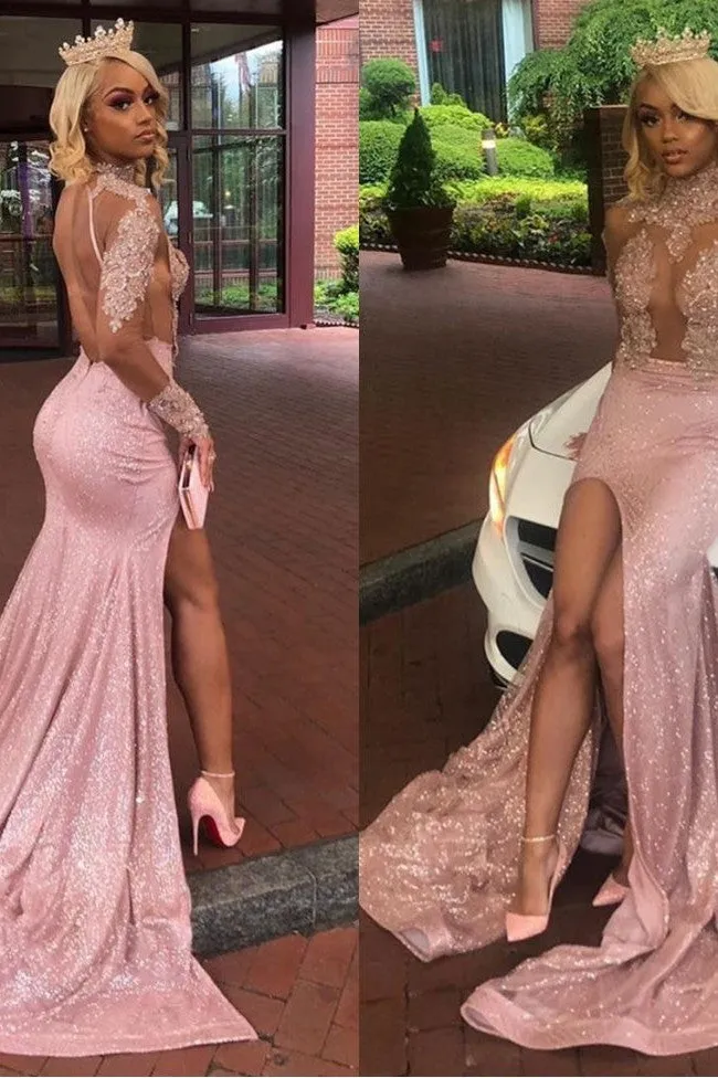 Sexy Long Sleeves Round Collar Prom Dress Pink Sequins Long Backless With Split