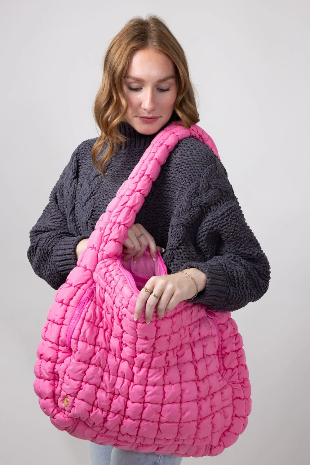 Simply Southern Quilted Puffer Hobo Bag for Women in Pink | 0224-BAG-PUFF-HOBO-PINK