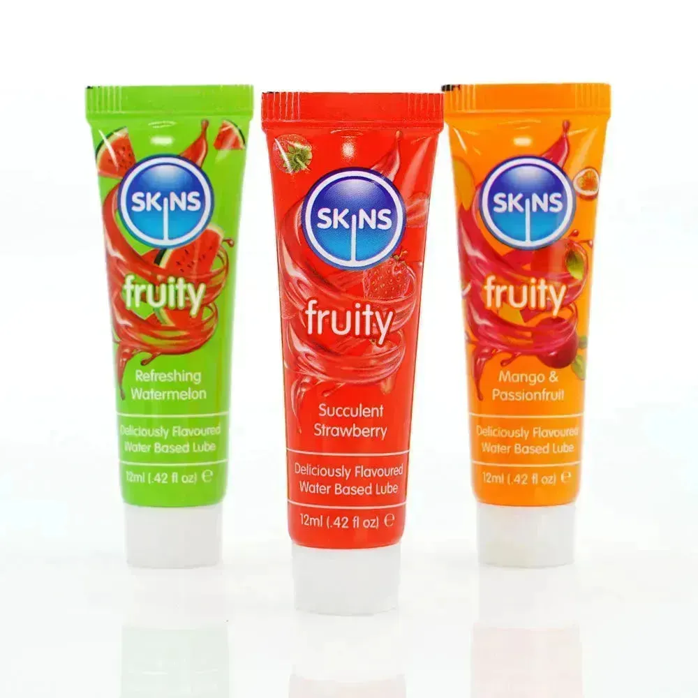 Skins Fruity Tubes - Watermelon, Strawberry, & Mango & Passionfruit Flavoured Lubricants - 12 ml Bottles