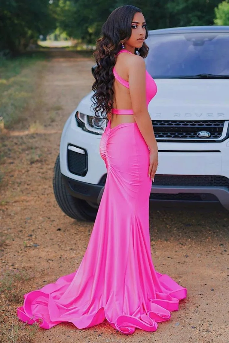 Sleeveless Hot pink Criss-cross back Mermaid Long Train Prom Dresses
