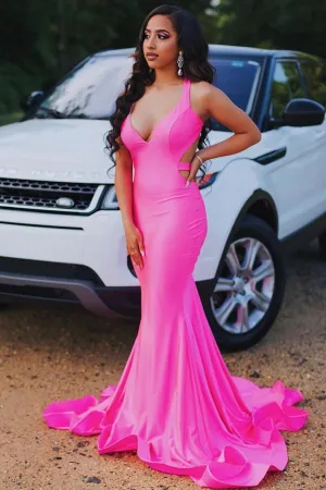Sleeveless Hot pink Criss-cross back Mermaid Long Train Prom Dresses