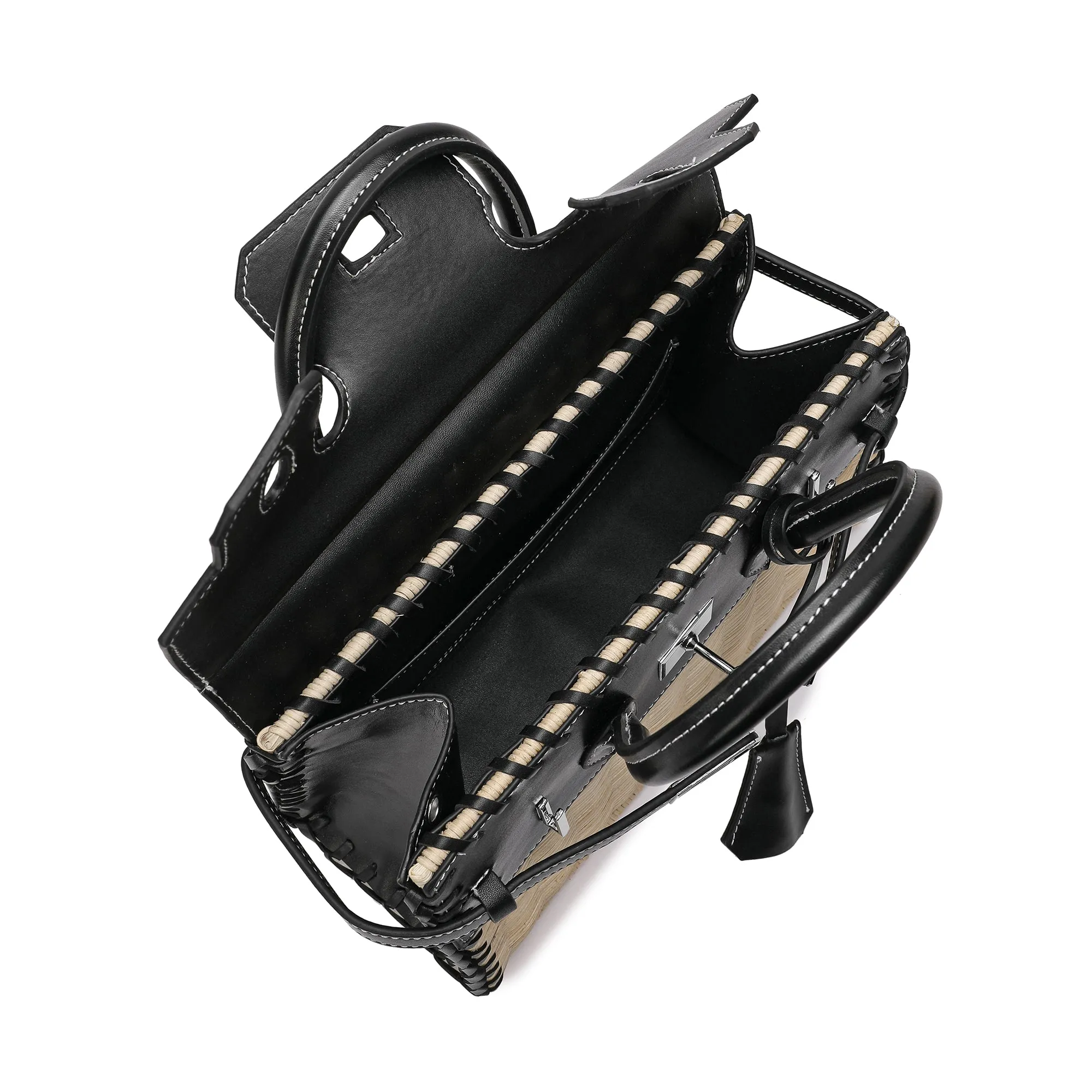 Smooth-Leather & Straw Top-Handle Bag