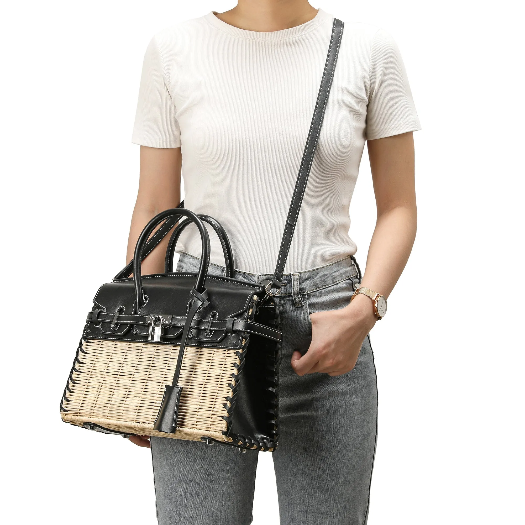 Smooth-Leather & Straw Top-Handle Bag