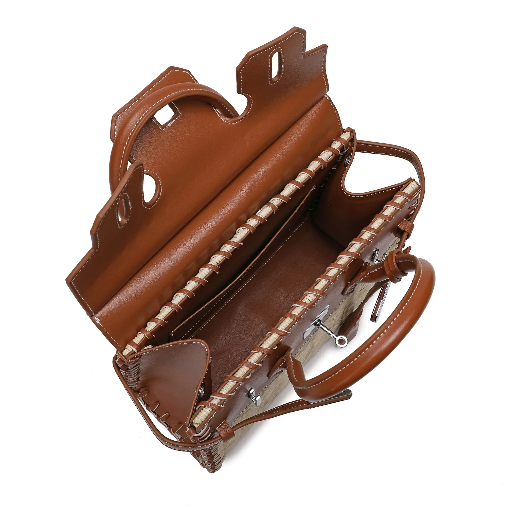 Smooth-Leather & Straw Top-Handle Bag